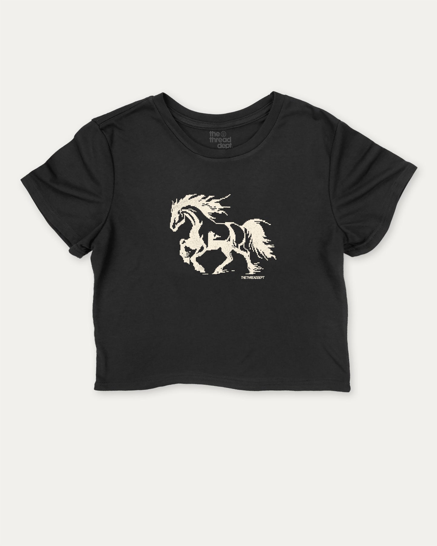 Vintage Pixel Horse cute and trendy crop tee with nostalgic graphic, perfect for friends. A must-have cropped Retro horse shirt, ideal for daily outfits and casual days. Black crop tee