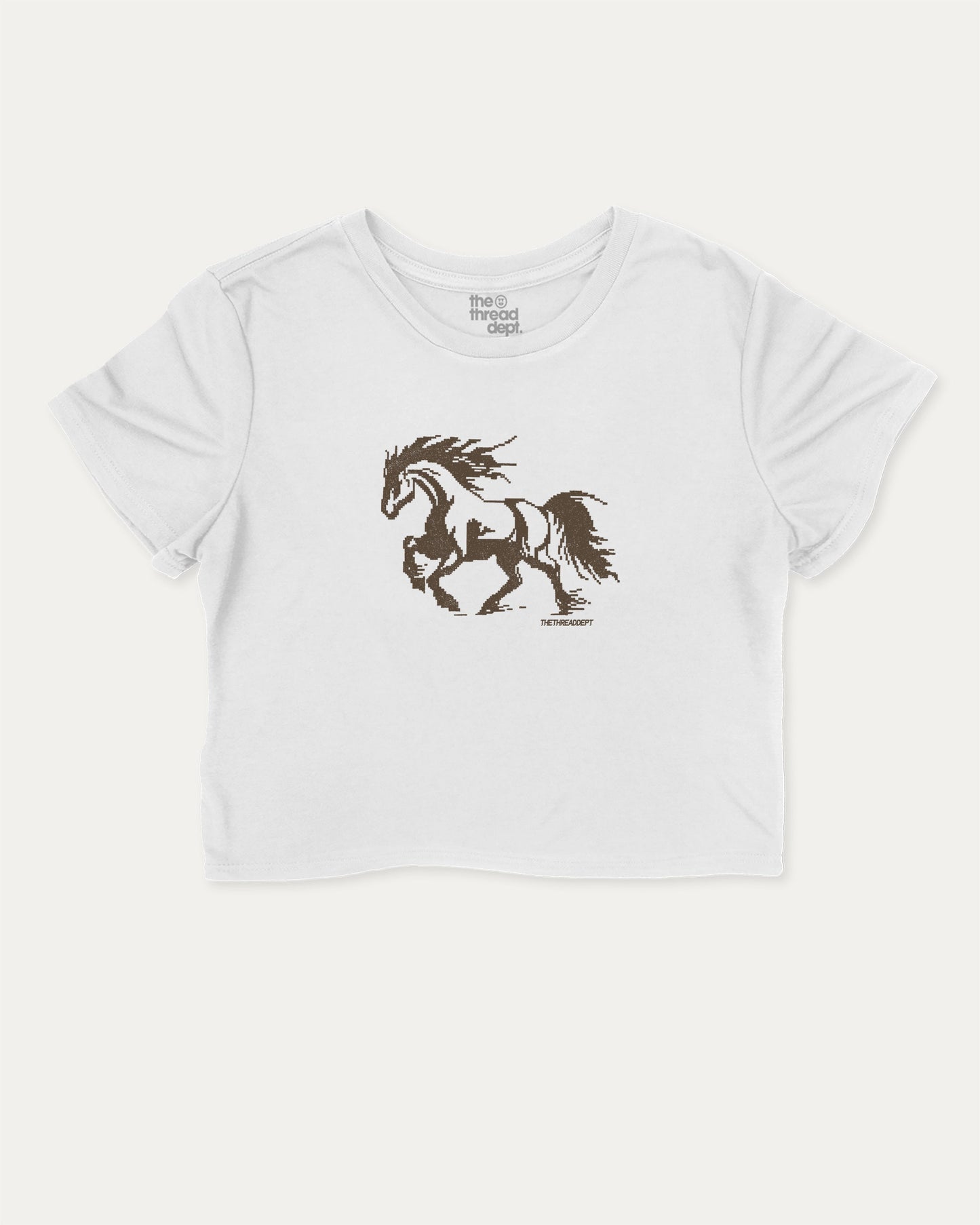 Vintage Pixel Horse cute and trendy crop tee with nostalgic graphic, perfect for friends. A must-have cropped Retro horse shirt, ideal for daily outfits and casual days. White crop tee