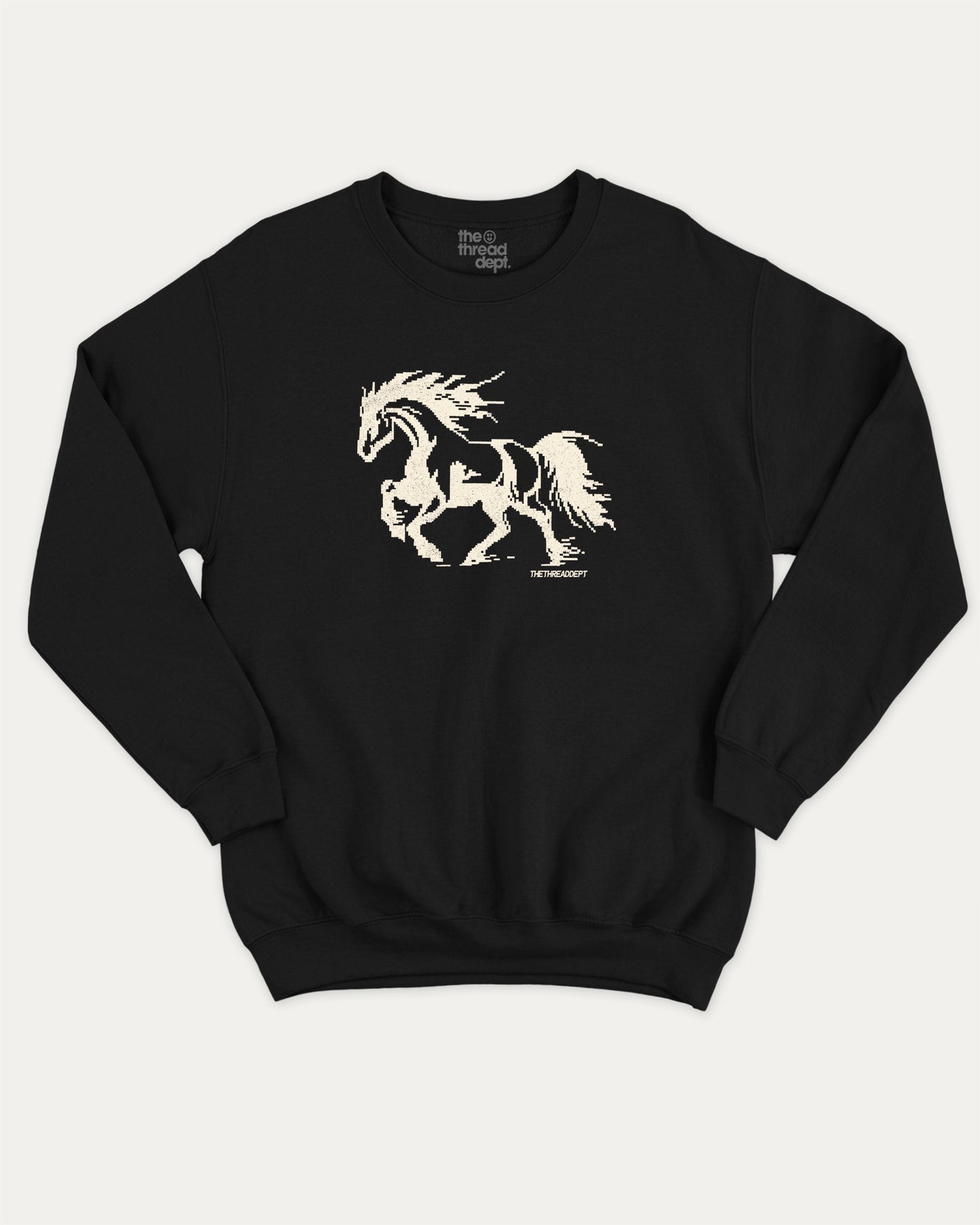 Vintage Pixel Horse pullover sweatshirt, Funny teenager gifts. Retro horse graphic pullover, comfy cold-weather wear, bold casual look. Black sweater