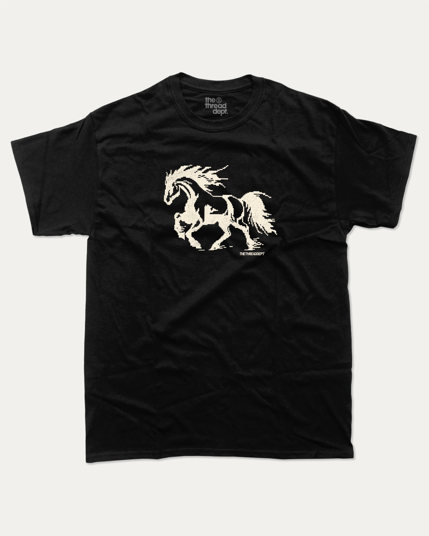 Vintage Pixel Horse graphic t-shirt, Funny teenager gifts. Retro horse graphic tee, trending meme shirt, unique gift idea. Black.