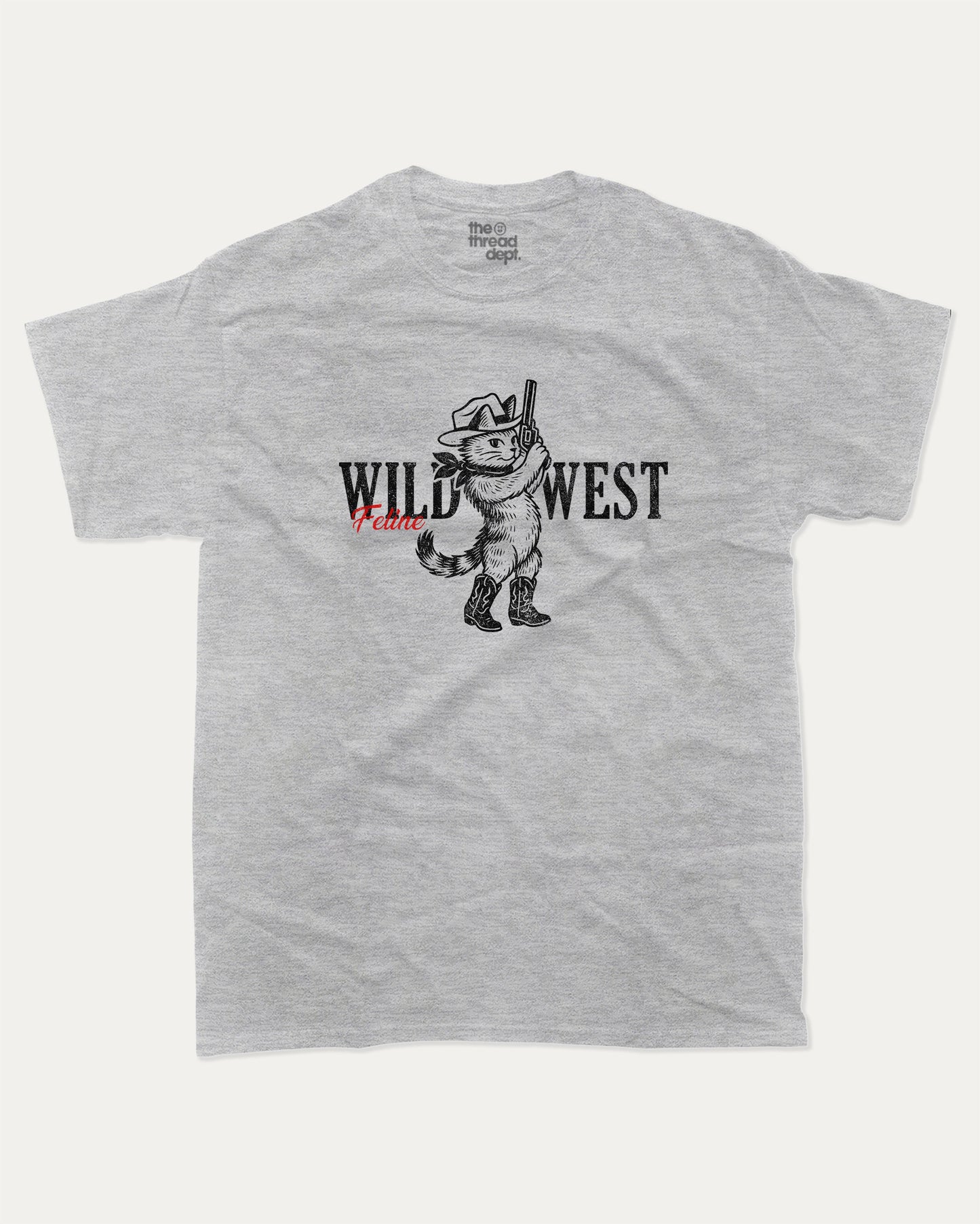 Wild West Feline graphic t-shirt, Vintage-style animal graphic T-shirt featuring playful dog and cat illustrations, Cute cartoon animals printed on retro aesthetic T-shirt design. A must-have funny tee, trending meme shirt, unique gift idea. Heather Grey.