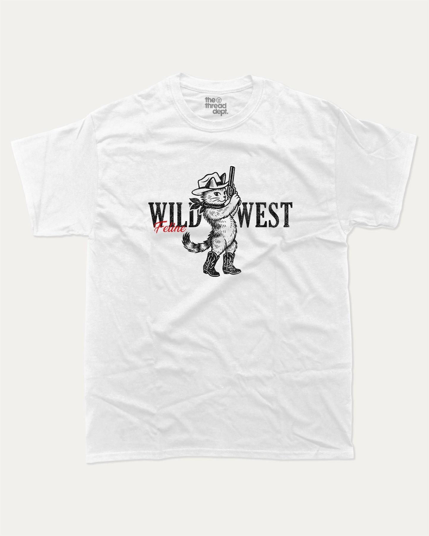 Wild West Feline graphic t-shirt, Vintage-style animal graphic T-shirt featuring playful dog and cat illustrations, Cute cartoon animals printed on retro aesthetic T-shirt design. A must-have funny tee, trending meme shirt, unique gift idea. White.
