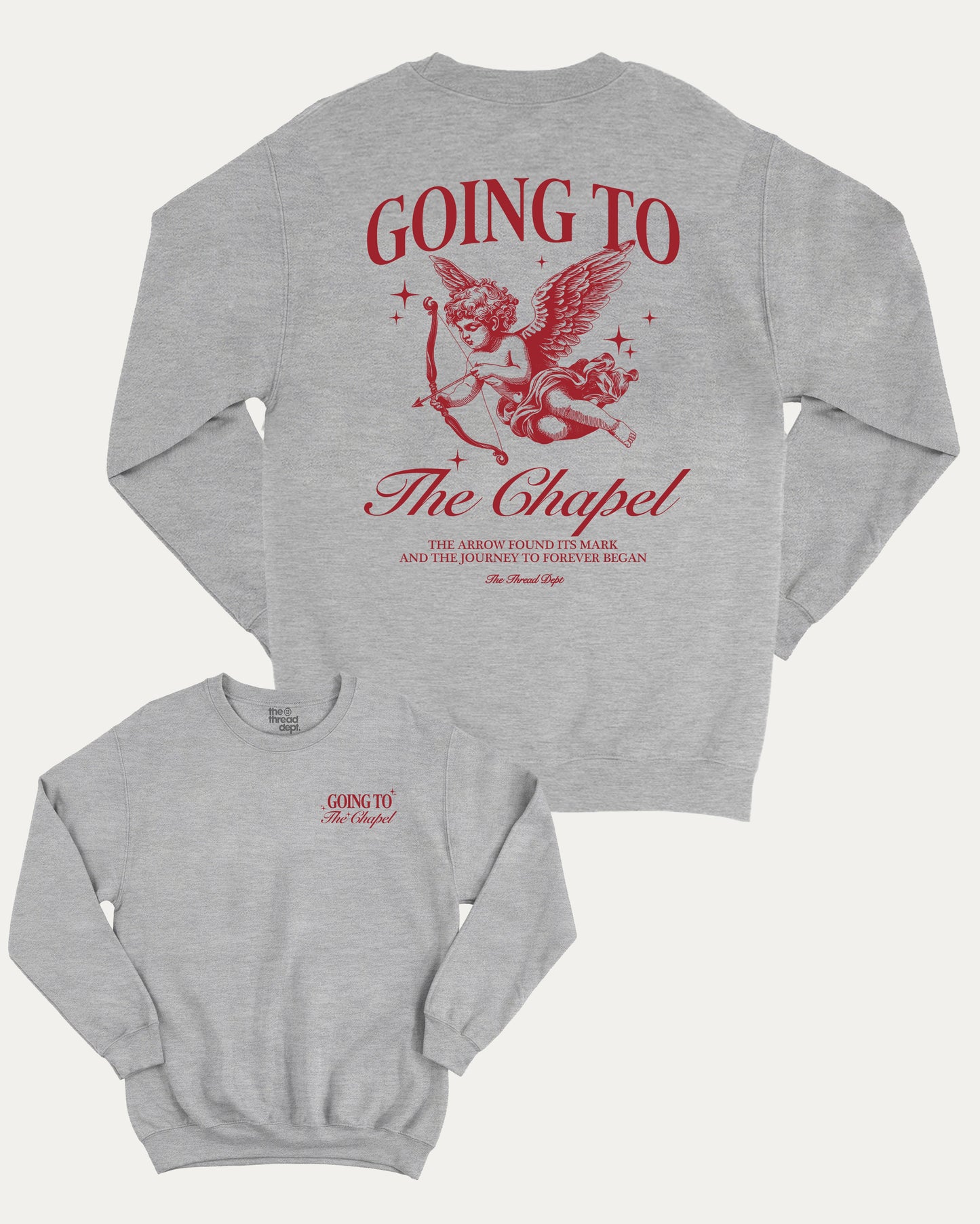 Going To The Chapel In Style pullover sweatshirt, perfect for adults. Bachelor Bachelorette Party graphic pullover, comfy cold-weather wear, bold casual look. Heather Grey sweater