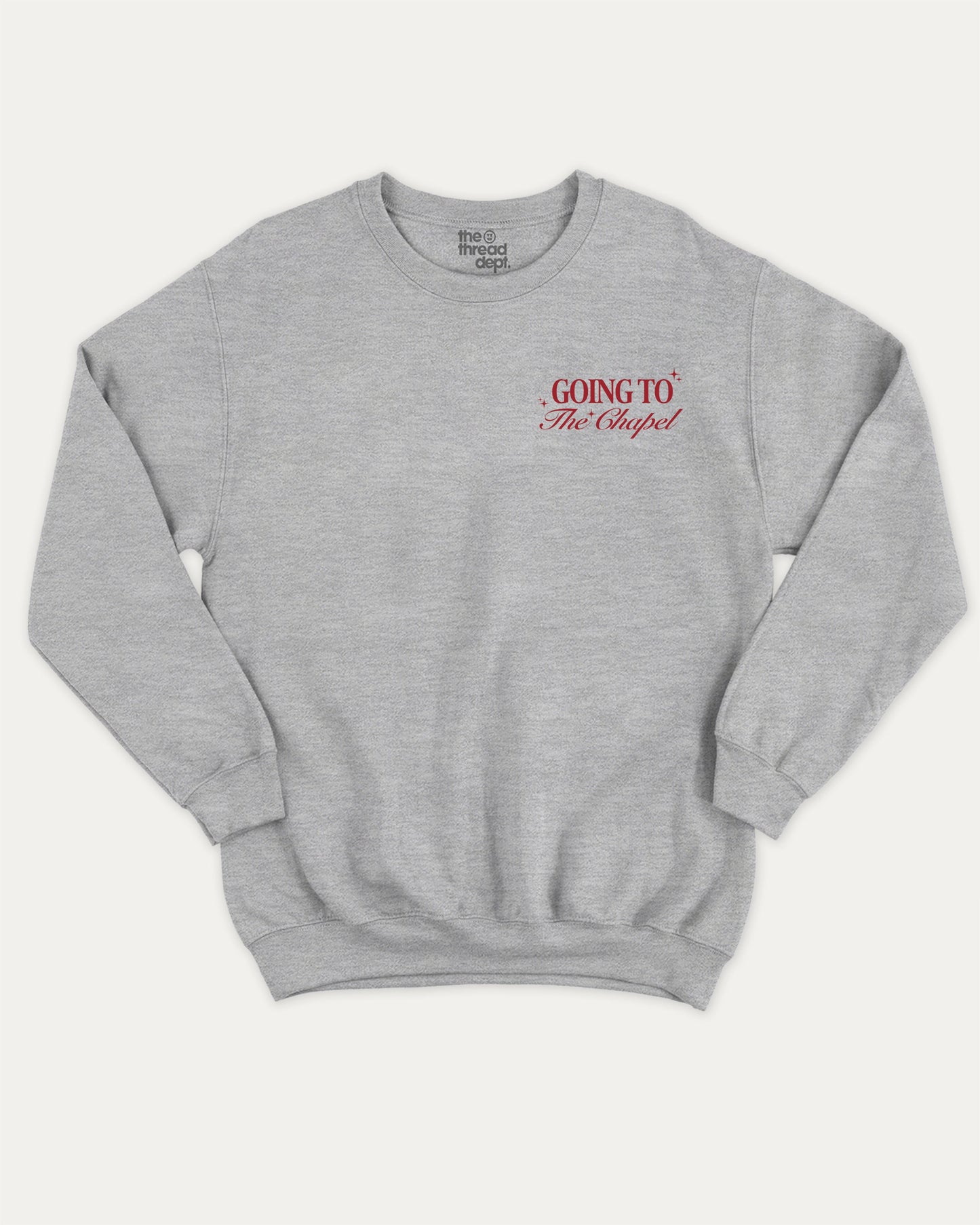 Going To The Chapel In Style pullover sweatshirt, perfect for adults. Bachelor Bachelorette Party graphic pullover, comfy cold-weather wear, bold casual look. Heather Grey sweater