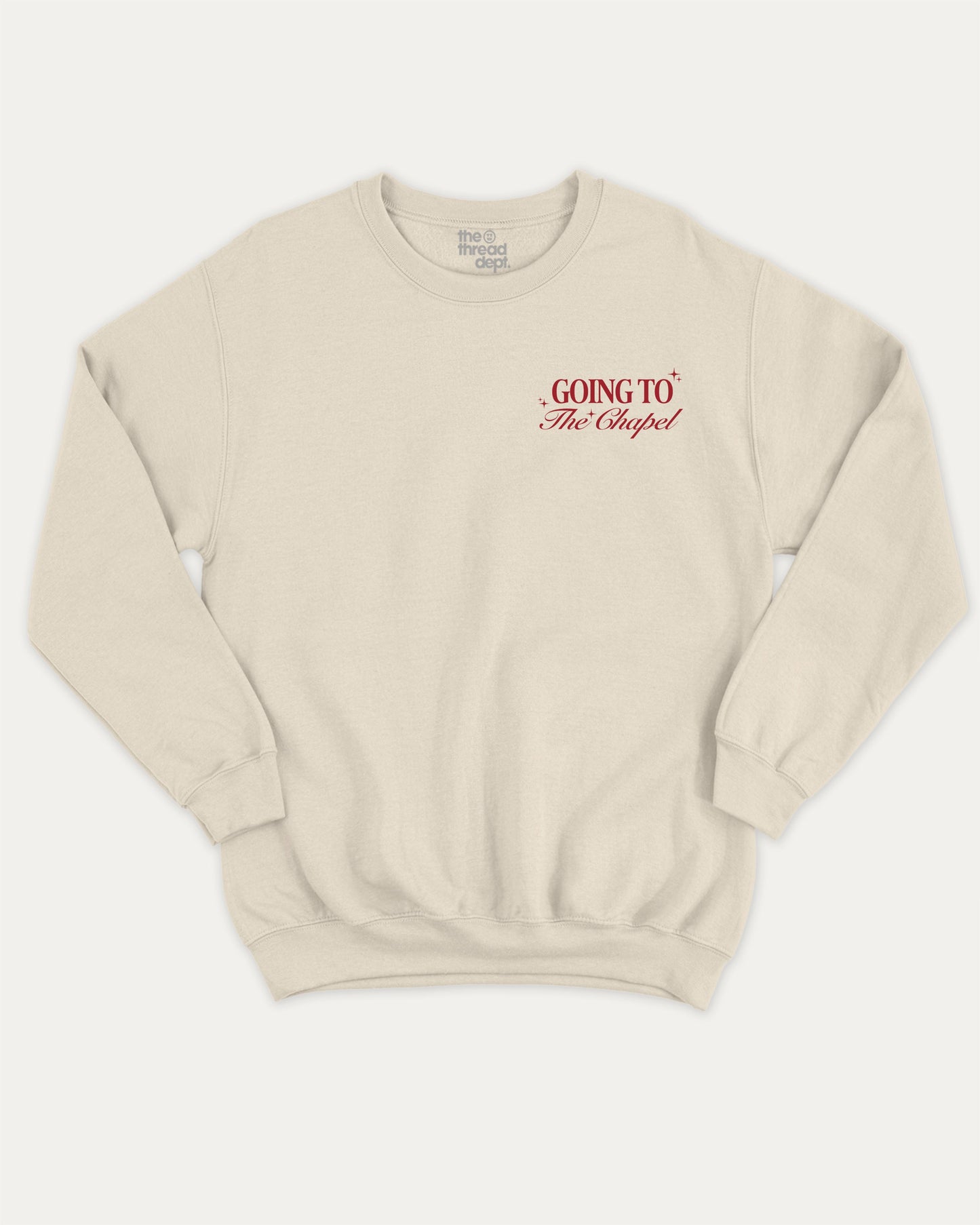 Going To The Chapel In Style pullover sweatshirt, perfect for adults. Bachelor Bachelorette Party graphic pullover, comfy cold-weather wear, bold casual look. Natural sweater