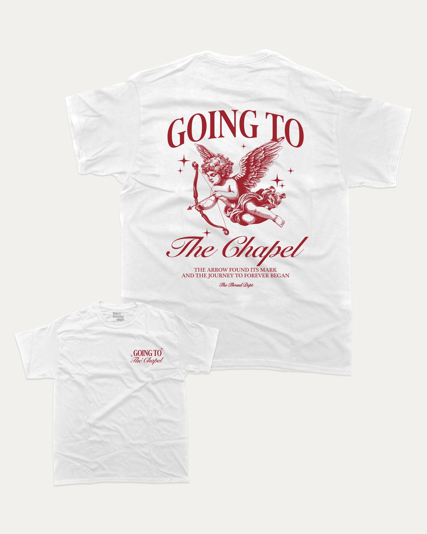 Going To The Chapel In Style graphic t-shirt, perfect for adults. Bachelor Bachelorette Party tee, trending meme shirt, unique gift idea. White.
