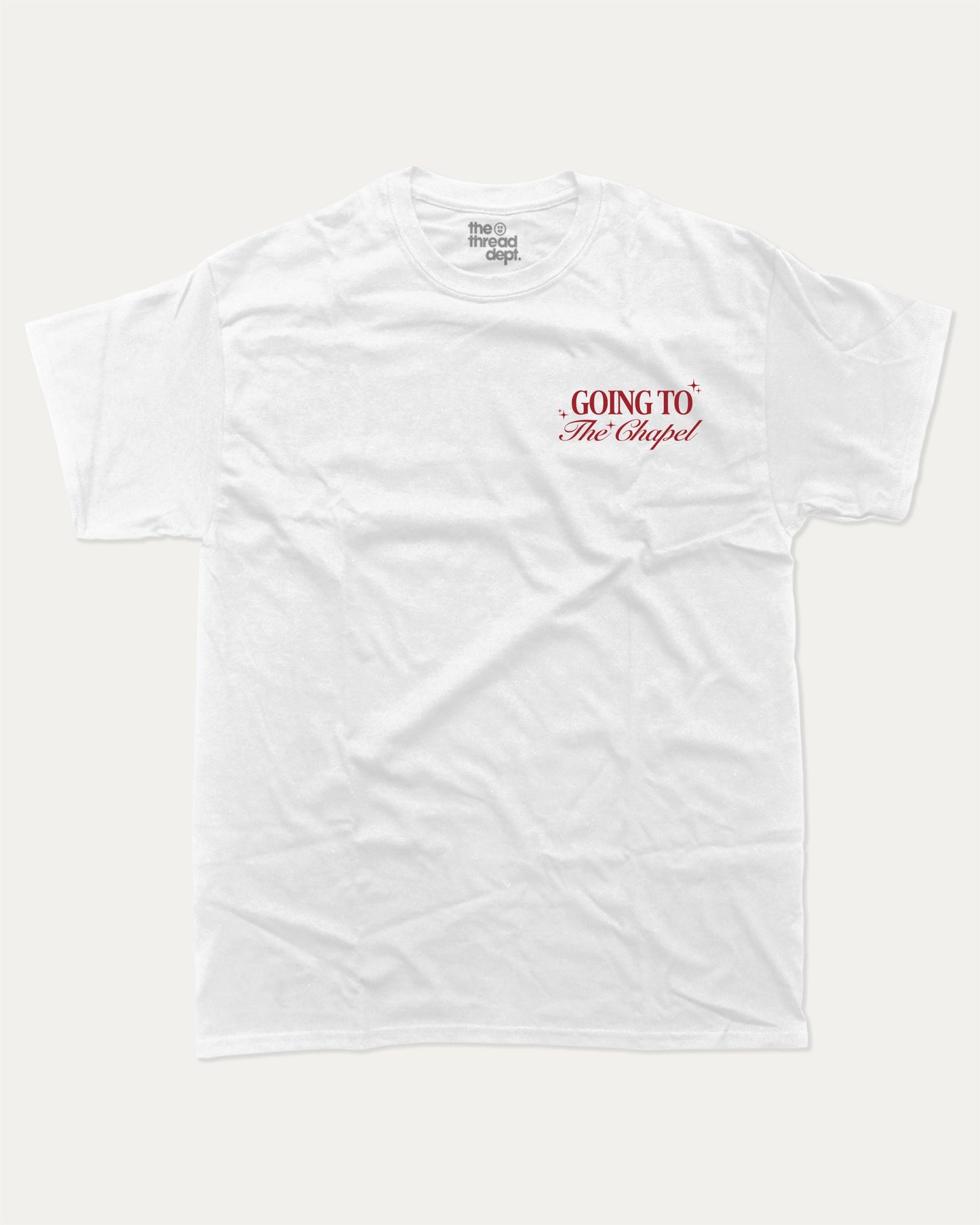 Going To The Chapel In Style graphic t-shirt, perfect for adults. Bachelor Bachelorette Party tee, trending meme shirt, unique gift idea. White.