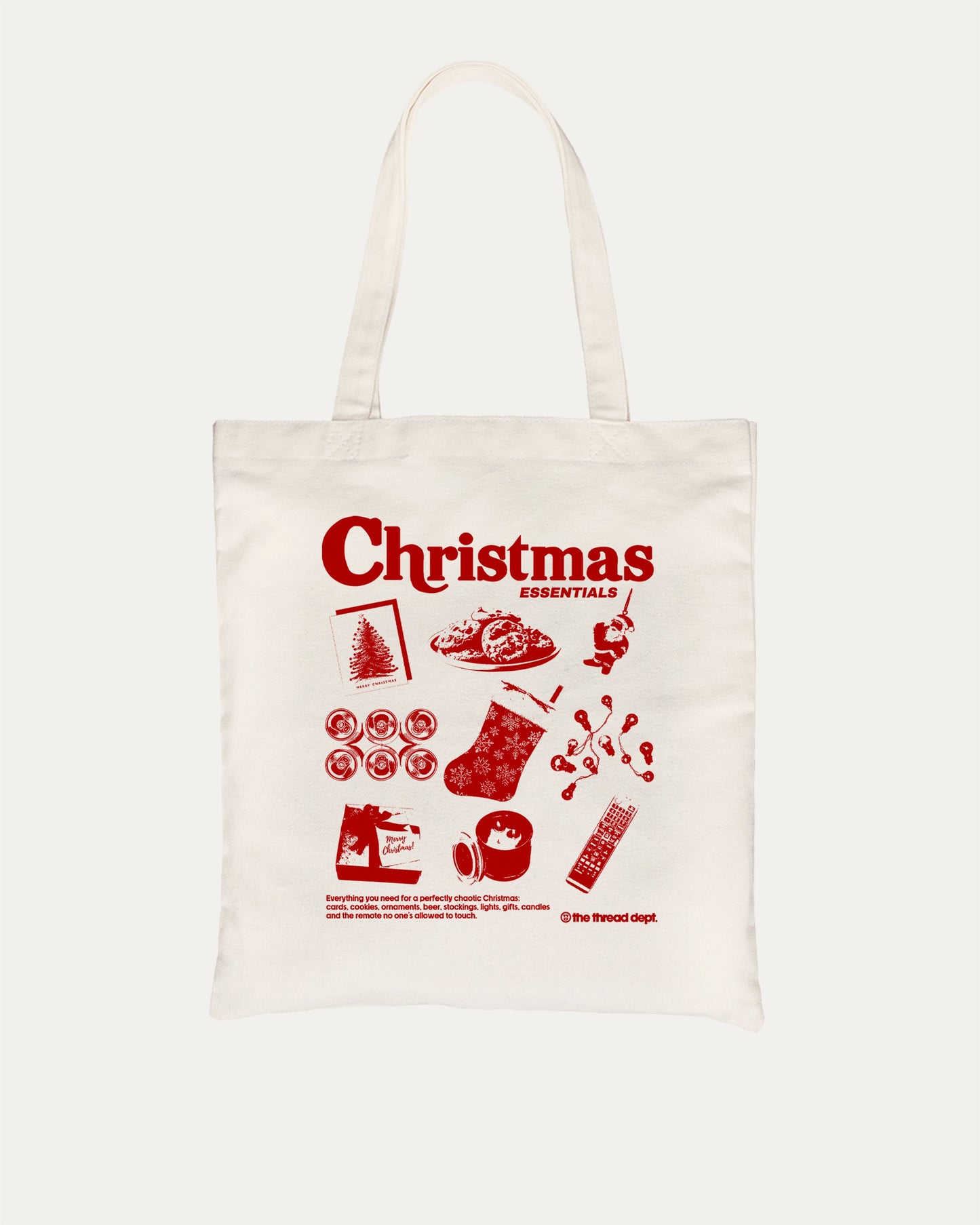 Christmas Essentials graphic tote bag with bold and funny print, Perfect Gift for Christmas, X-mas Gift, X-mas T shirt, reusable tote for school, errands, or gifting. Natural tote bag.