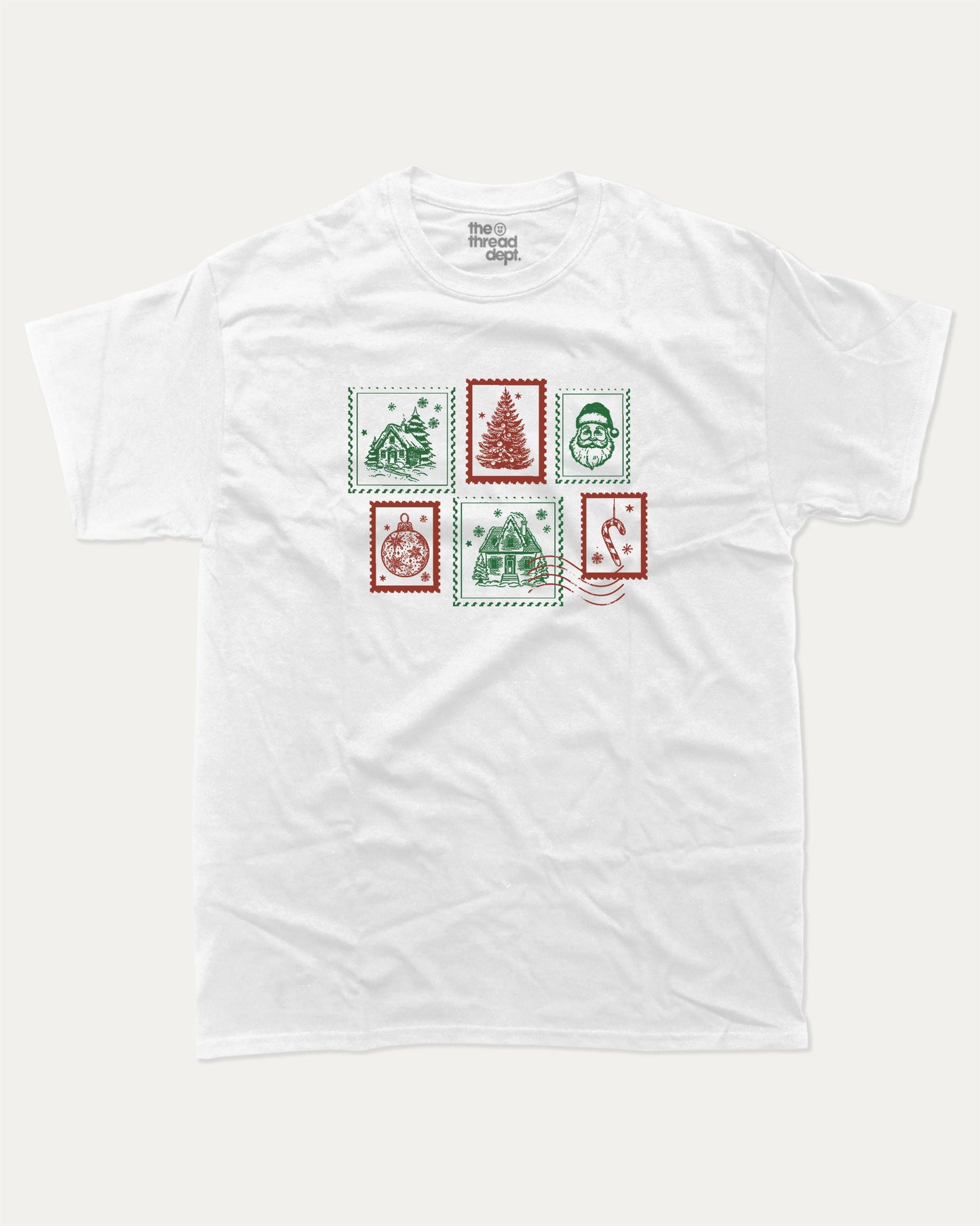 Christmas Stamp graphic tee with bold and humorous print, Perfect Gift for Christmas, Christmas Gift, X-mas Gift for friends, funny and trendy graphic. Perfect for adults and gift-giving. White shirt.