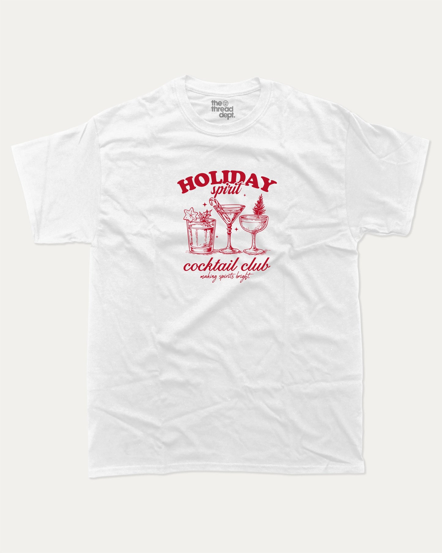Holiday Spirit Cocktail Club graphic tee with bold and humorous print, funny and trendy graphic. Christmas Gift T shirt, X-mas Graphic T shirt, Drinks lover T shirt, Perfect for adults and gift-giving. White shirt.
