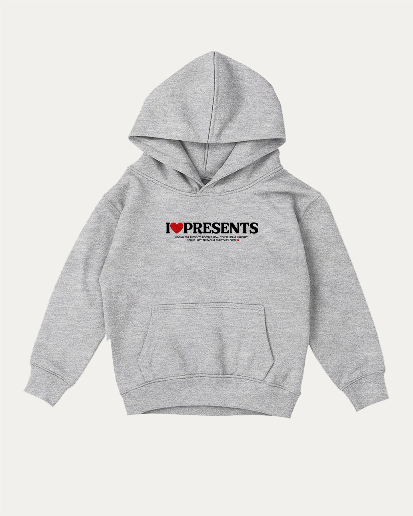 I Love Presents kids graphic hoodie with cozy fit and fun design, perfect for school, play, and gifting. Perfect Gift for Christmas, x-mas gift, Heather Grey kids sweater.