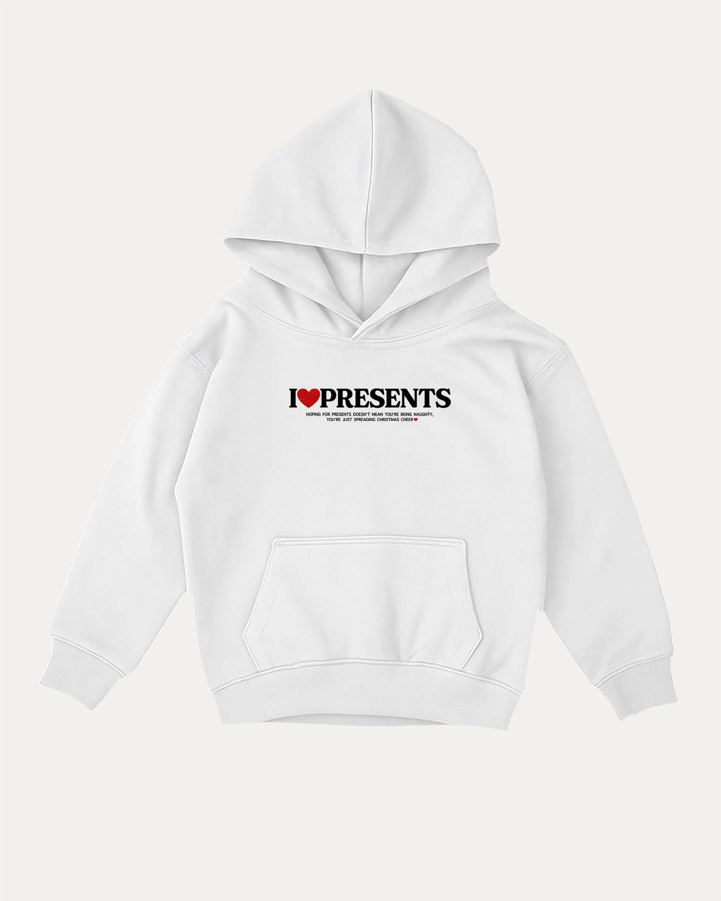 I Love Presents kids graphic hoodie with cozy fit and fun design, perfect for school, play, and gifting. Perfect Gift for Christmas, x-mas gift, White kids sweater.