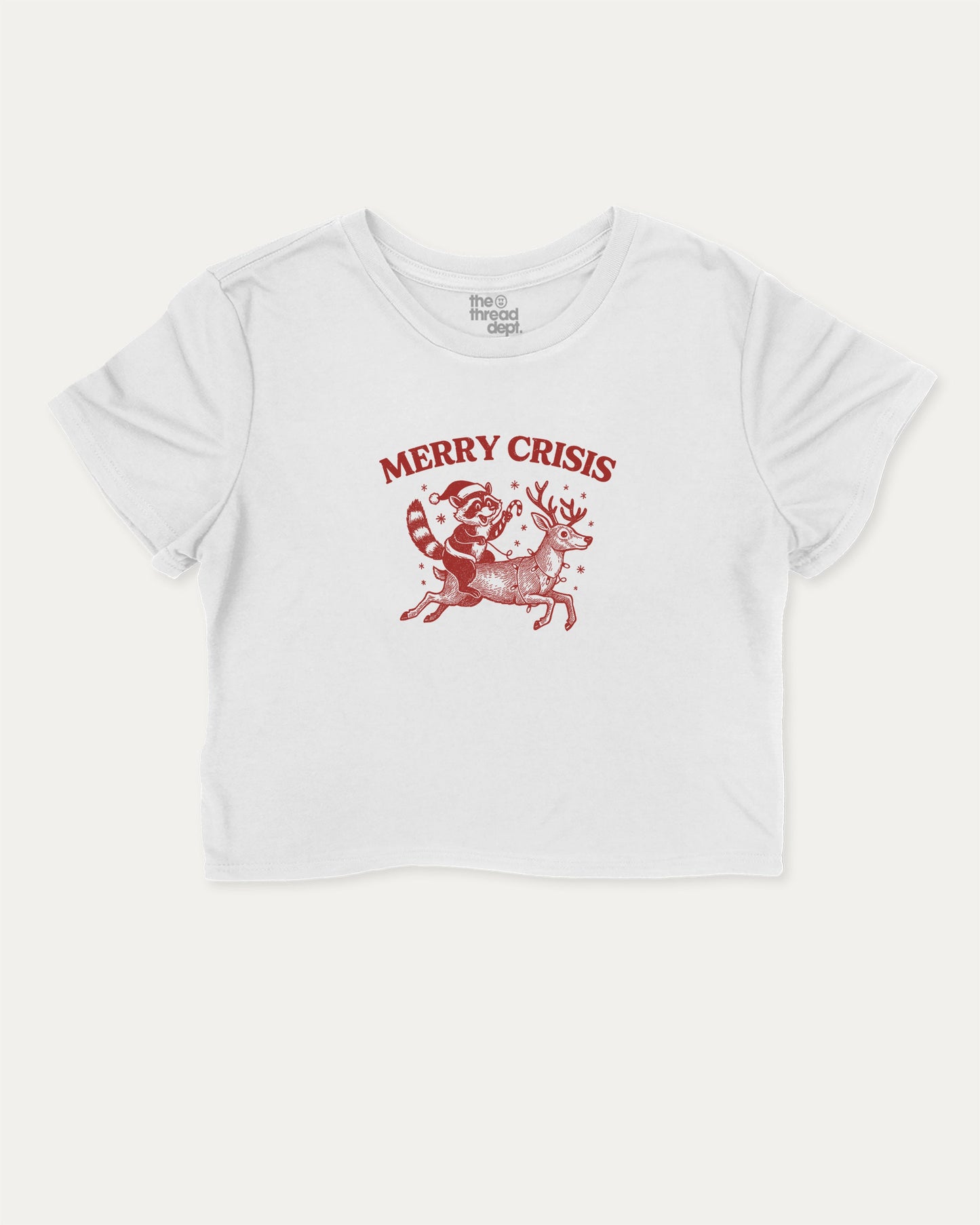 Merry Crisis graphic crop tee with funny and trendy slogan print, Perfect Gift for Christmas, X Mas Graphic T shirt, X-mas Gift, perfect for women’s casual looks or layering. White crop t-shirt.