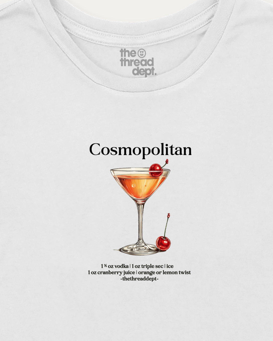 White t-shirt with a Cosmopolitan cocktail graphic and recipe on a white background
