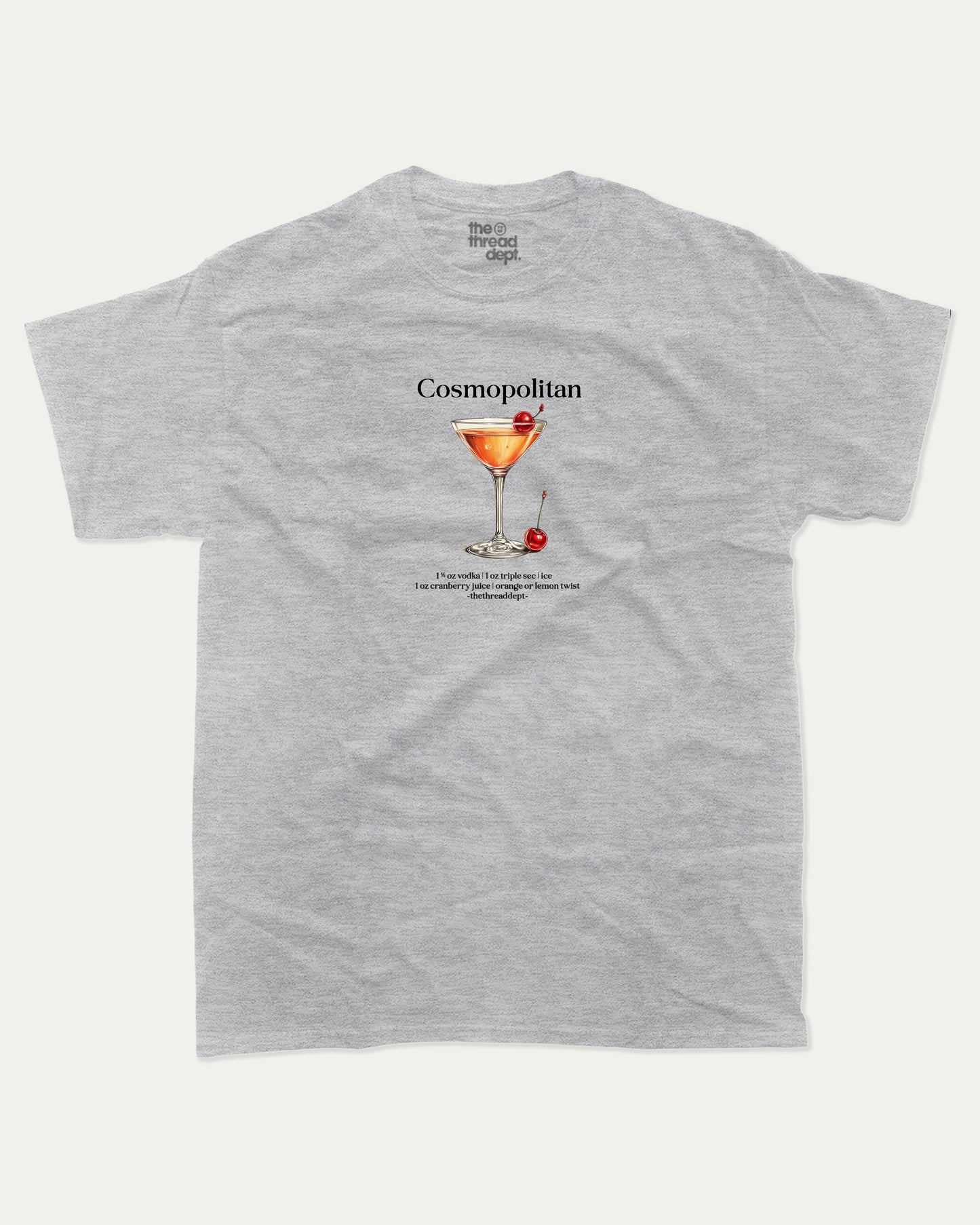Gray t-shirt with a graphic of a cosmopolitan cocktail and text on a white background