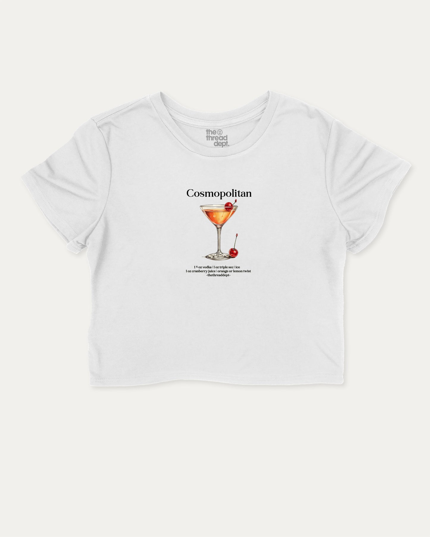 White t-shirt with a graphic of a cosmopolitan cocktail and text on a white background