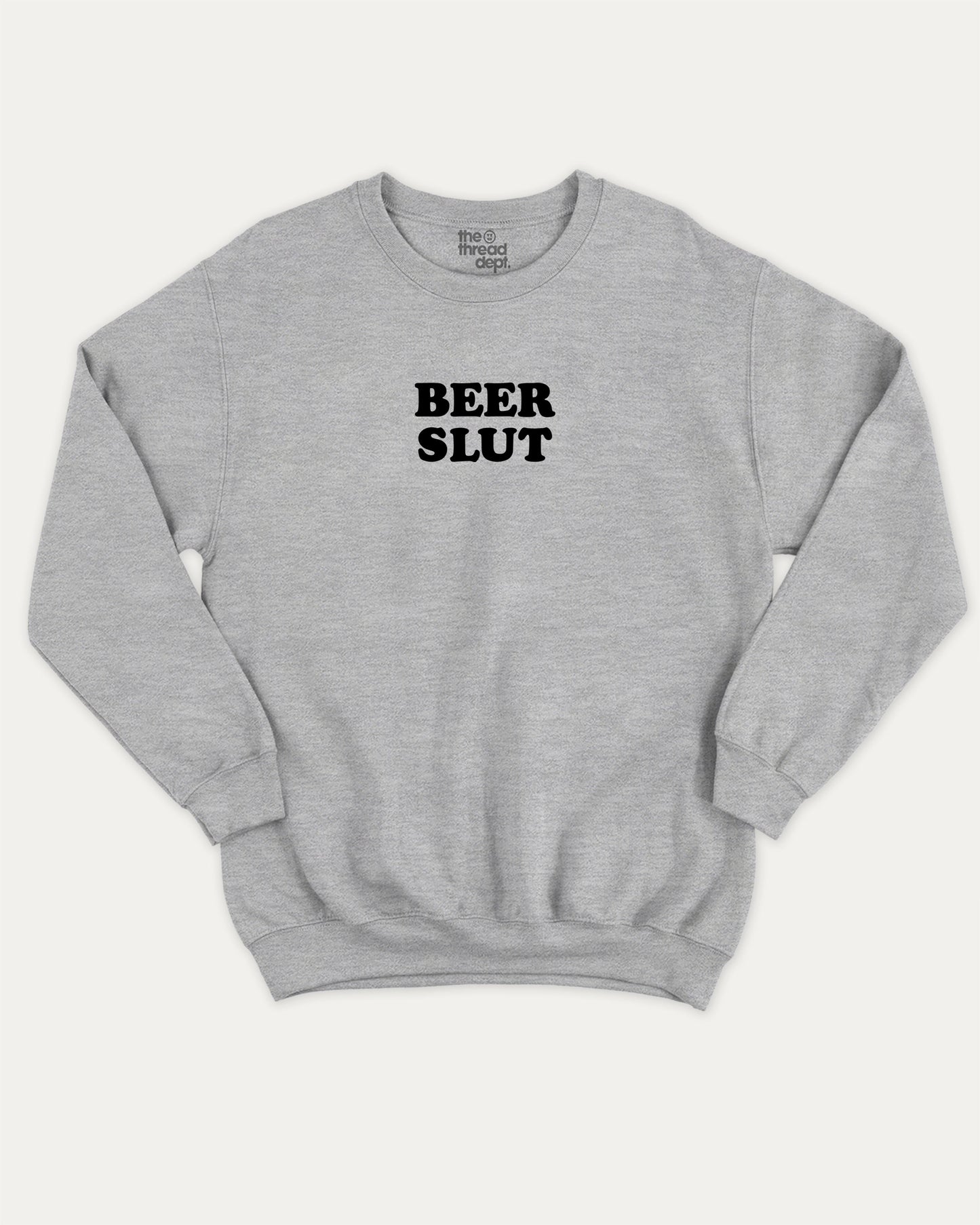Beer Slut pullover sweatshirt, perfect for adults. A must-have drinks graphic pullover, comfy cold-weather wear, bold casual look. Heather Grey sweater