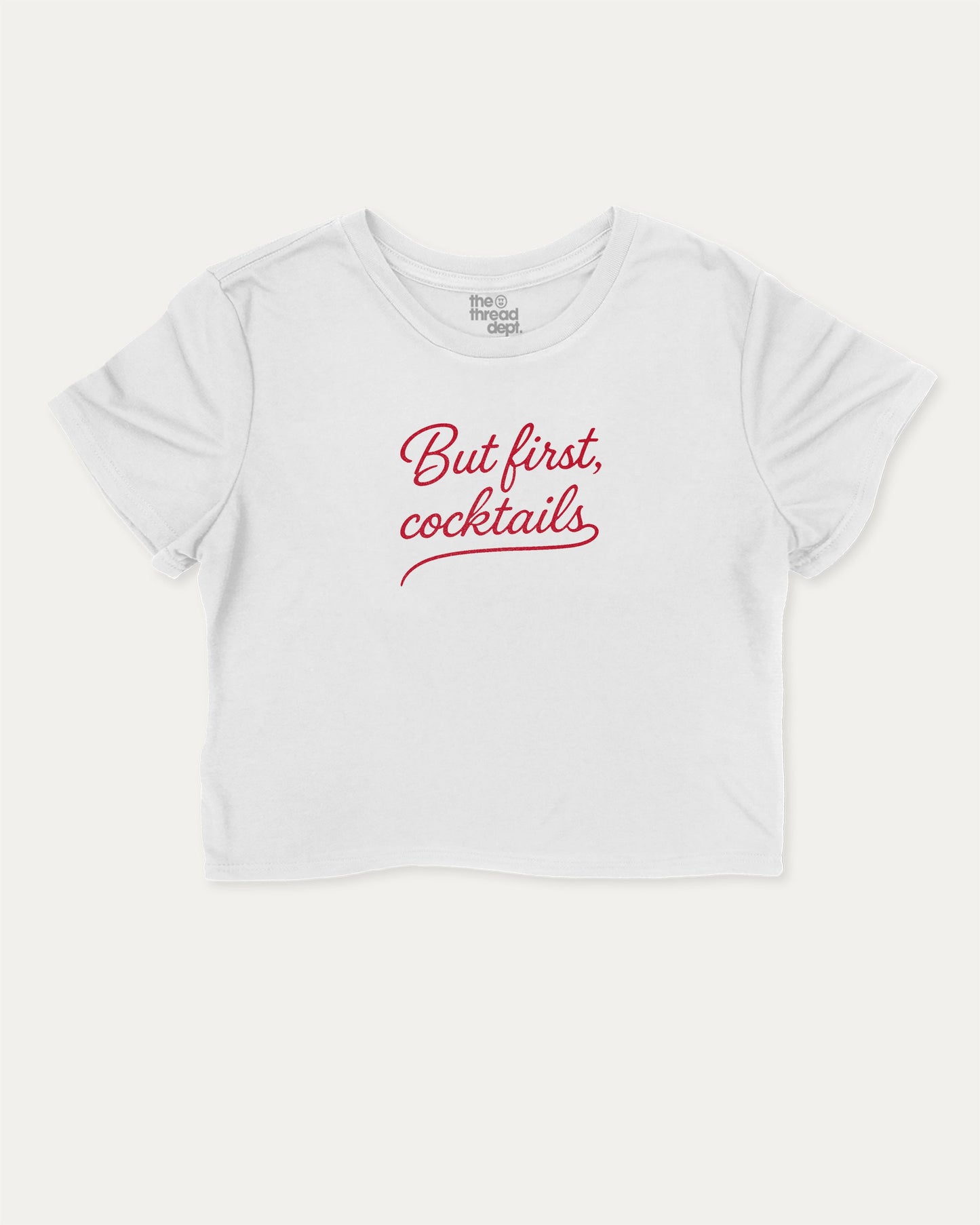But first cocktails graphic crop tee, perfect for adults. A must-have funny crop tee, trending meme crop t shirt, unique gift idea. White Crop Tee