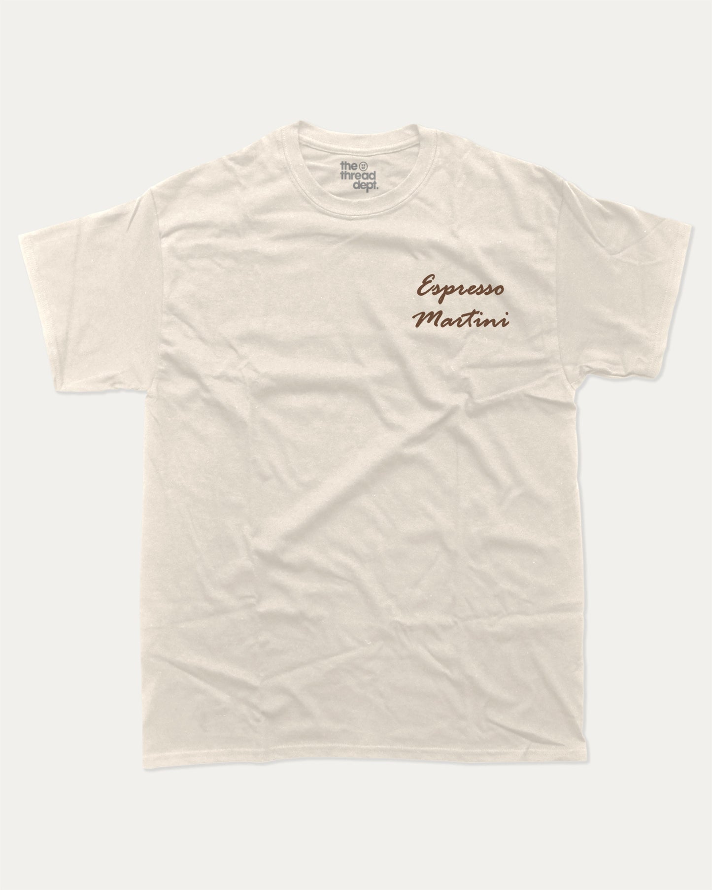 Espresso Martini graphic t-shirt, Drinks T shirt, Cocktail Graphic T shirt, A must-have funny tee, trending meme shirt, unique gift idea. Cream.
