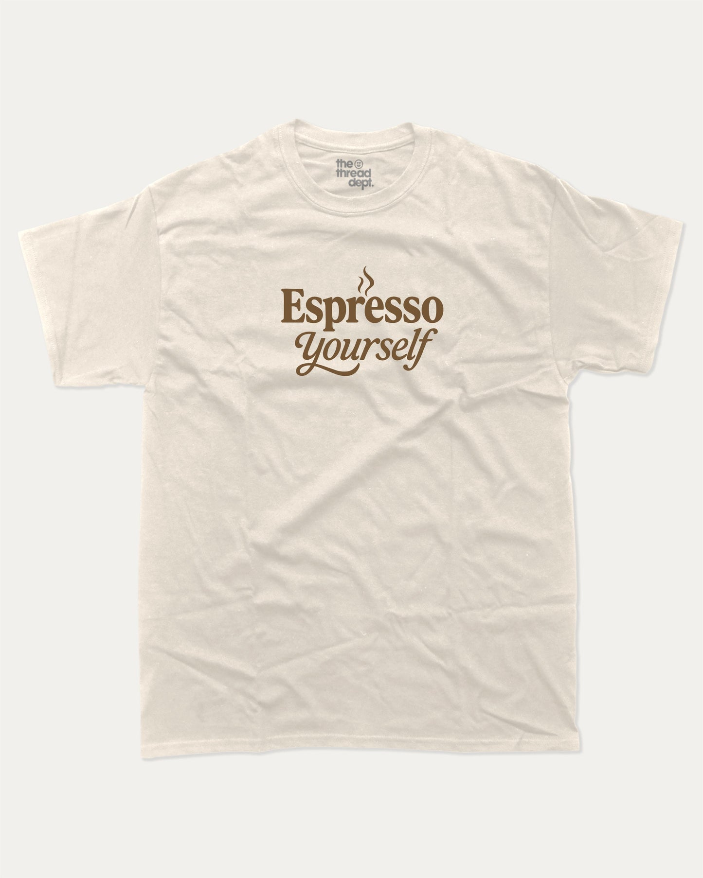 Espresso Yourself graphic t-shirt, perfect for adults. funny coffee espresso tee, trending meme shirt, unique gift idea. Cream.