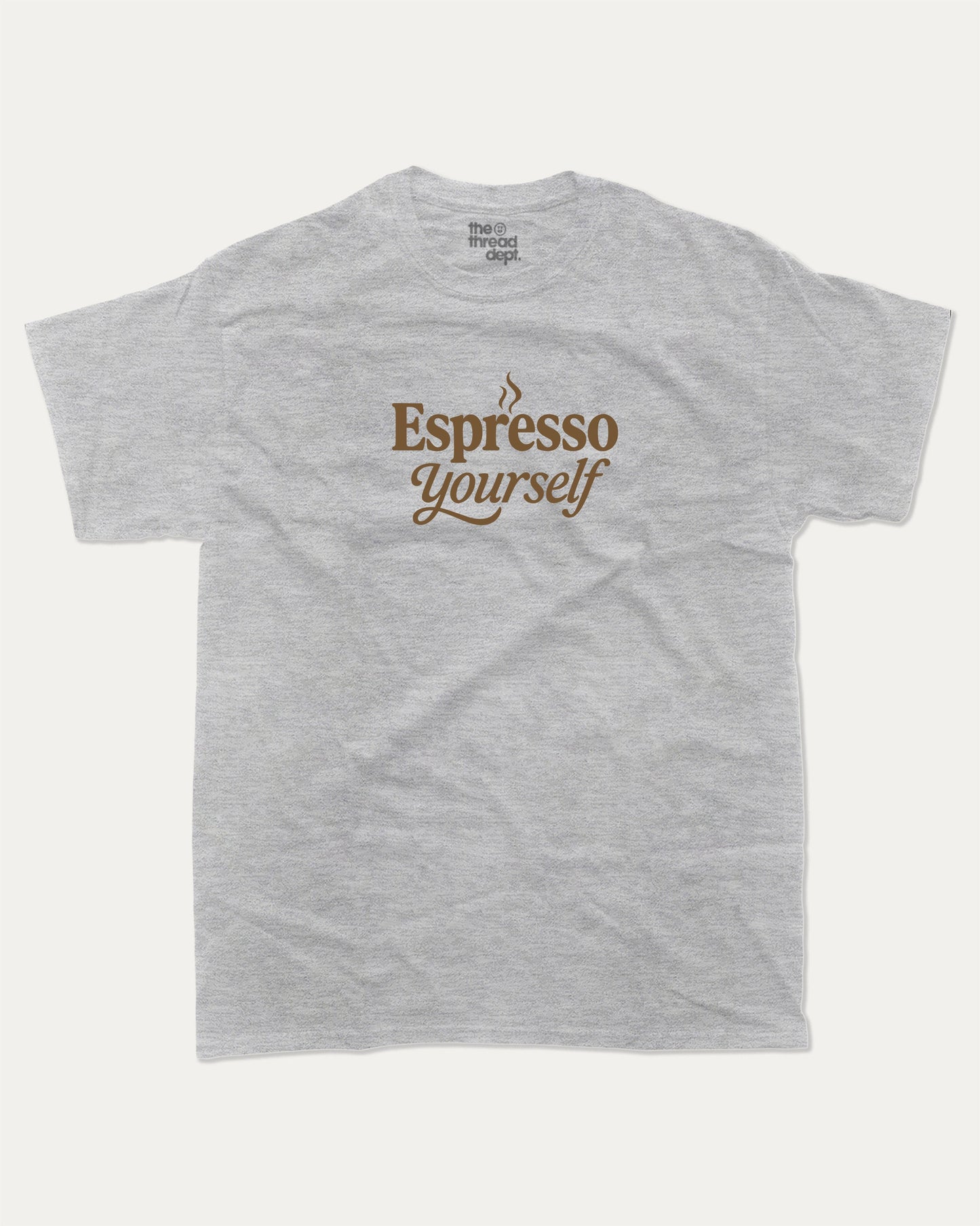 Espresso Yourself graphic t-shirt, perfect for adults. funny coffee espresso tee, trending meme shirt, unique gift idea. Heather Grey.