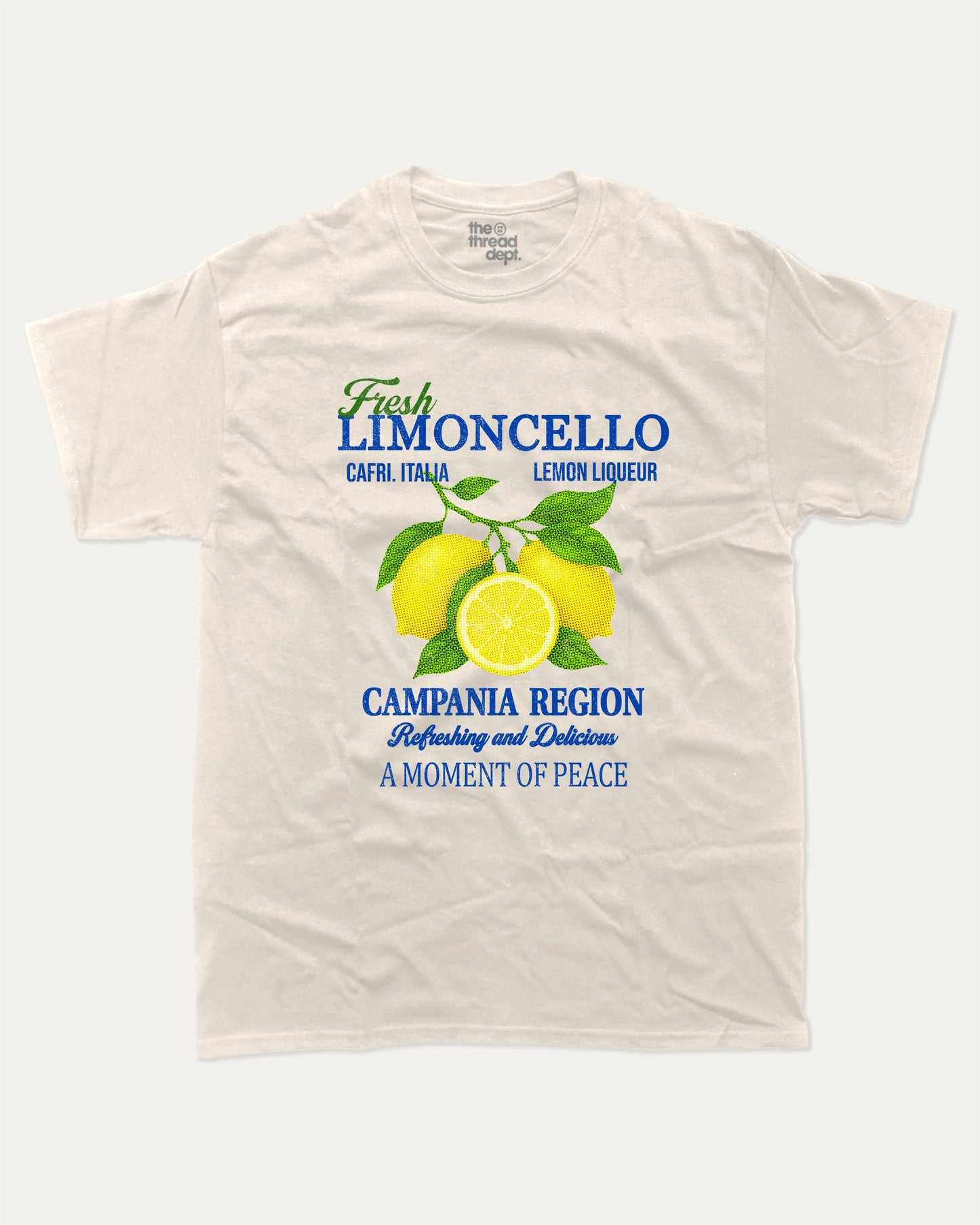 Fresh Limoncello graphic tee with bold and humorous print, funny and trendy graphic. Retro Inspired Graphic T shirt, Lemon Graphic Tee, Italian Liquor tee, Alocohil T shirt, Cocktail T shirt, Perfect for adults and gift-giving. Cream shirt.
