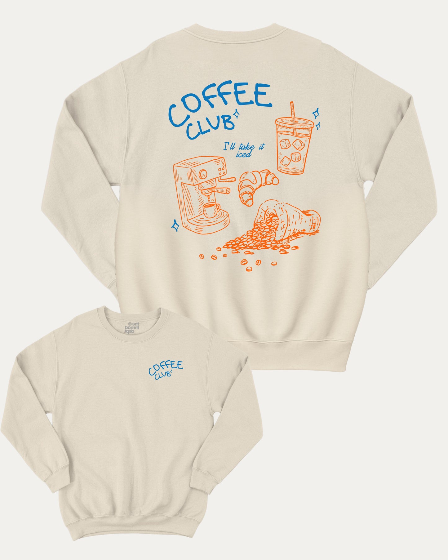 Iced Coffee Club pullover sweatshirt, perfect for coffee lovers. Funny coffee graphic pullover, comfy cold-weather wear, bold casual look. Natural sweater