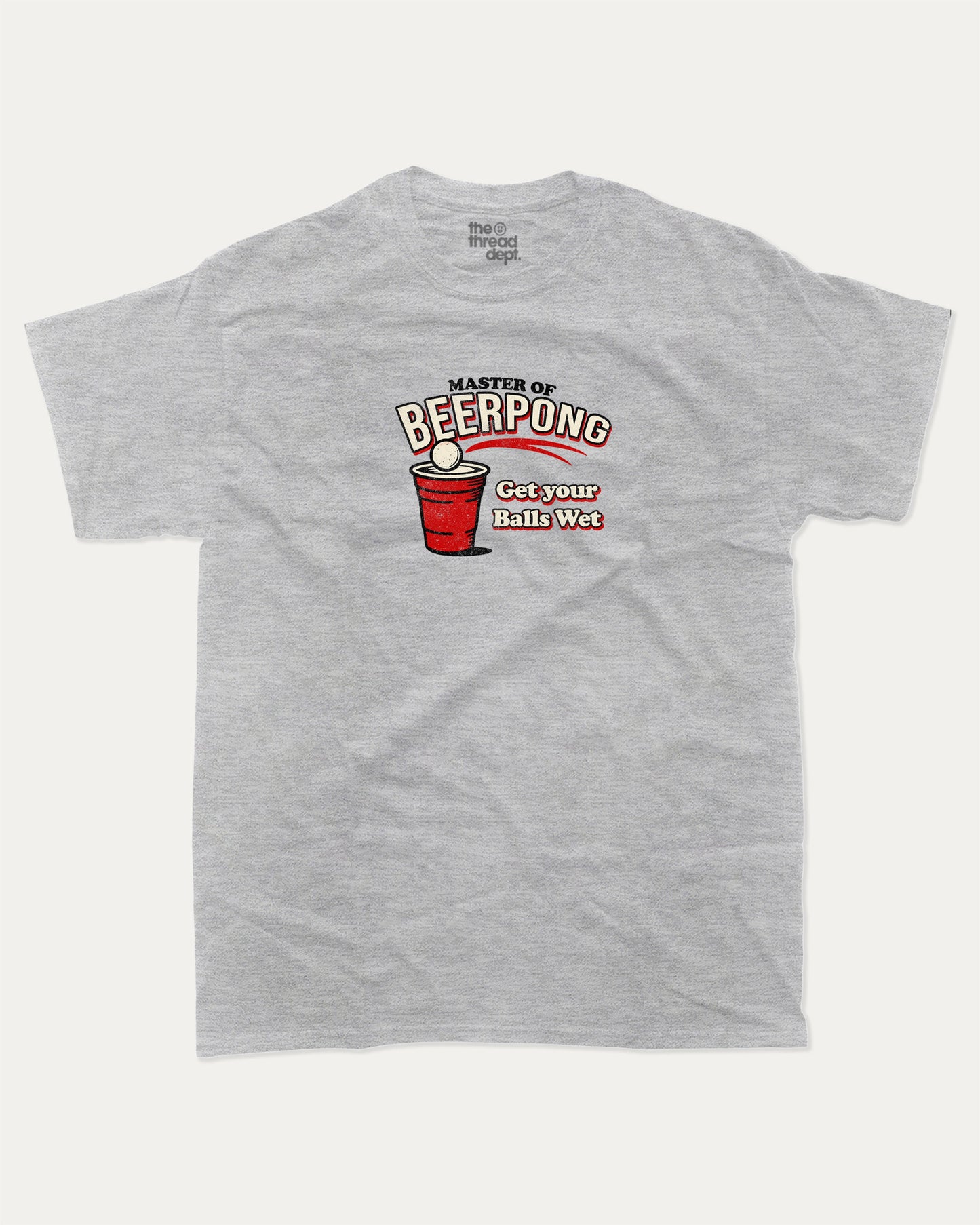 Master Of Beer Pong graphic tee with funny beer pong game graphic, funny and trendy graphic. Perfect for adults and gift-giving. Heather Grey shirt.