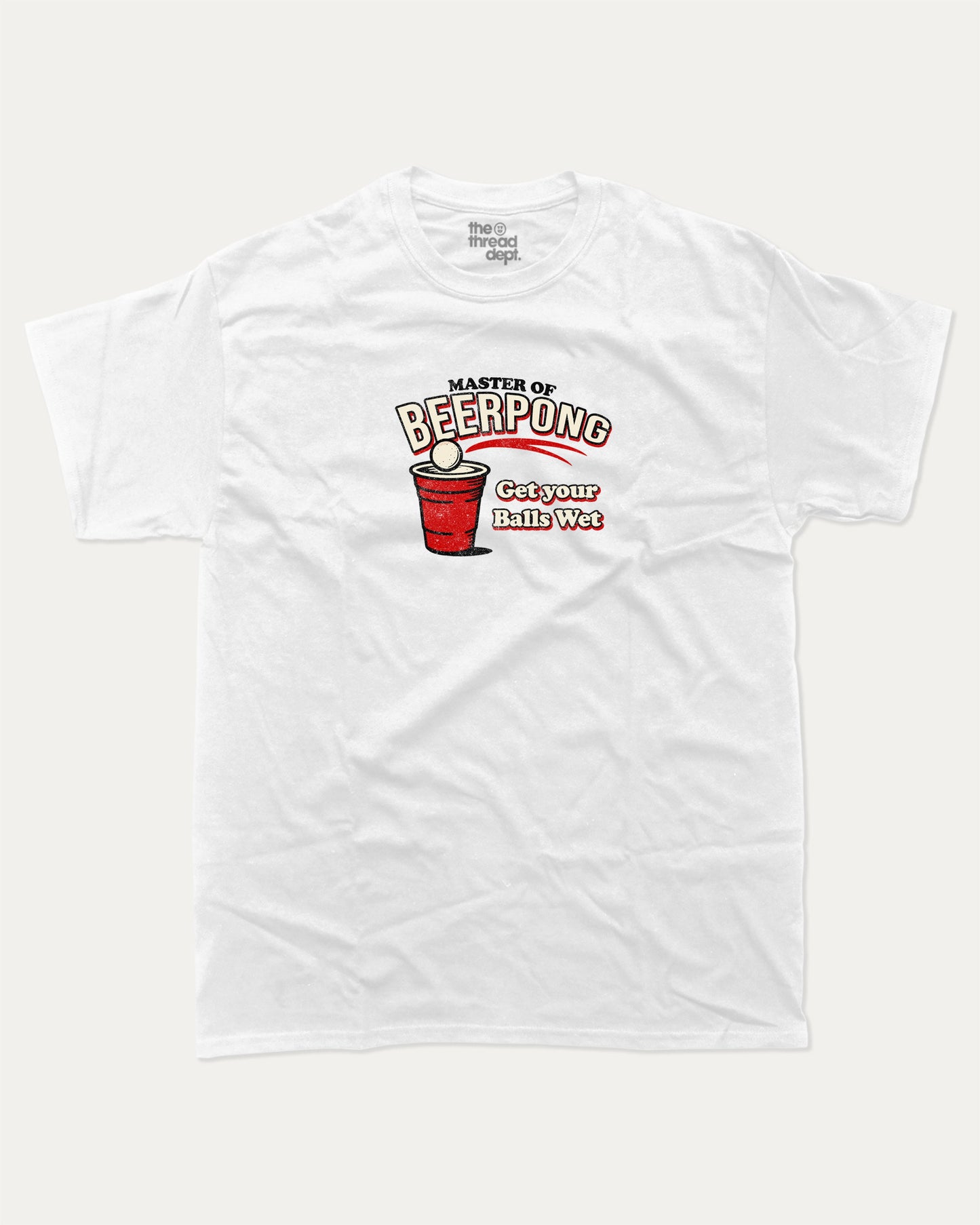 Master Of Beer Pong graphic tee with funny beer pong game graphic, funny and trendy graphic. Perfect for adults and gift-giving. White shirt.