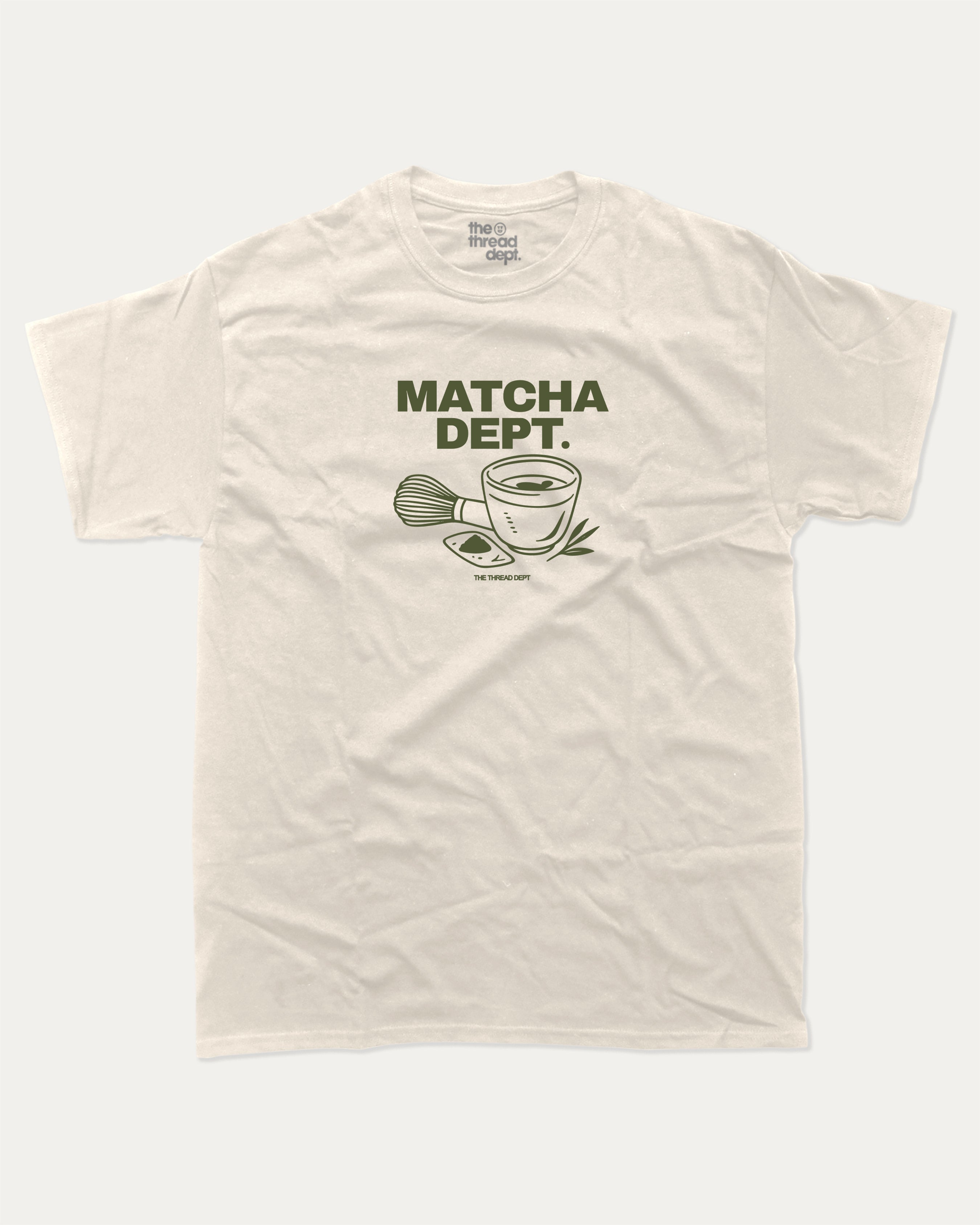 Matcha Dept graphic tee with bold and humorous print, vintage match graphic. Perfect for adults and gift-giving. Cream shirt.