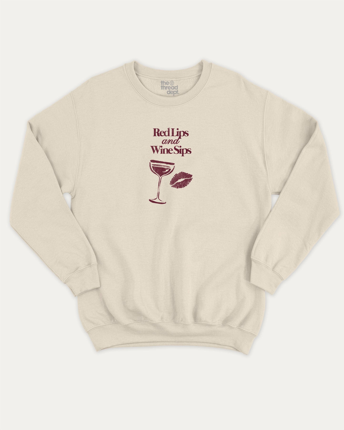 Red Lips and Wine Sips graphic sweatshirt with bold and humorous print, warm and cozy graphic for everyday wear. Gift to Wine Lover, Wine Graphic Sweatshirt, Perfect for adults and gift-giving. Natural pullover.