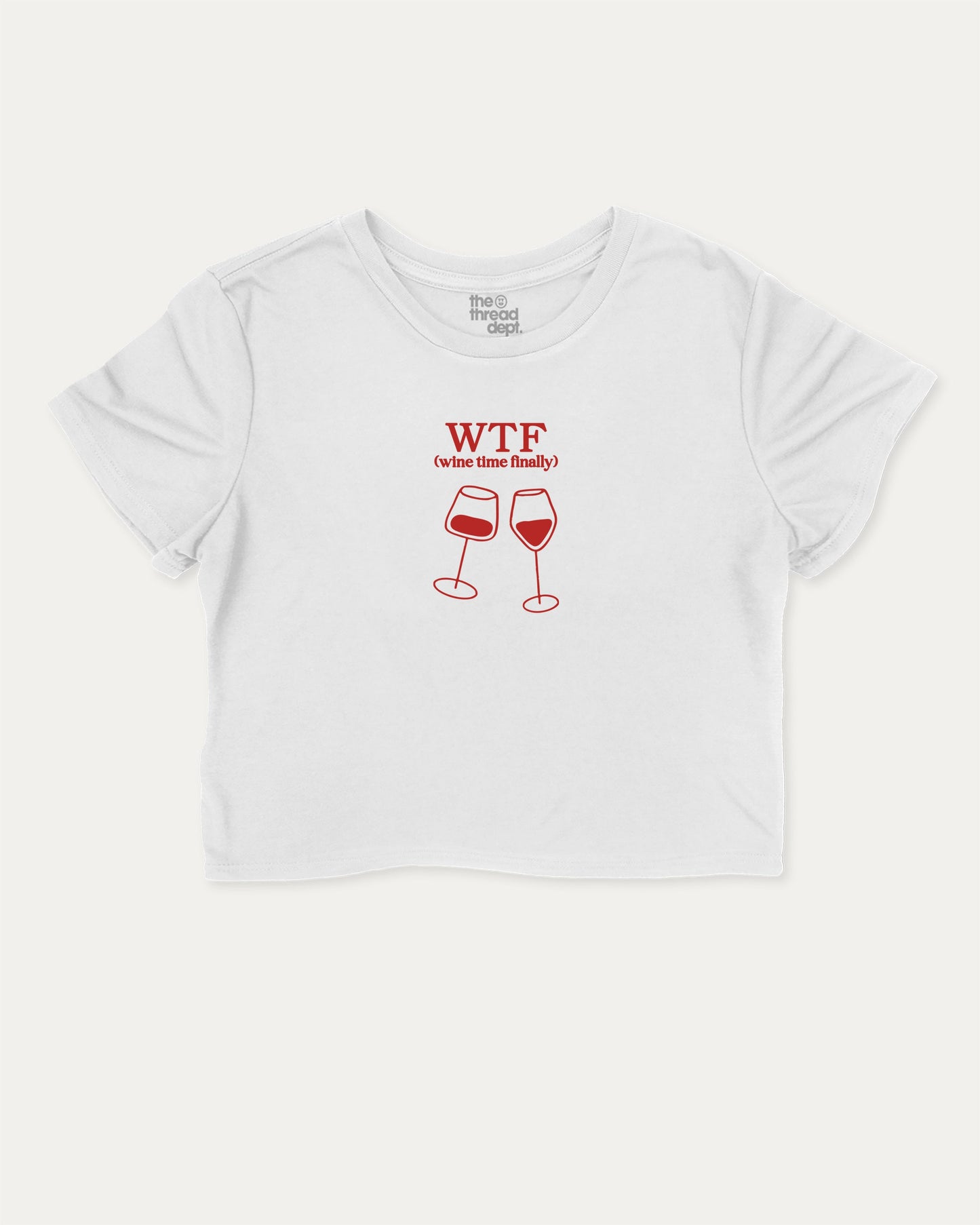 Wine Time Finally graphic crop tee with funny and trendy slogan print, perfect for women’s casual looks or layering. Gift to Wine Lover, Wine Graphic Cropped Tee, White crop t-shirt.