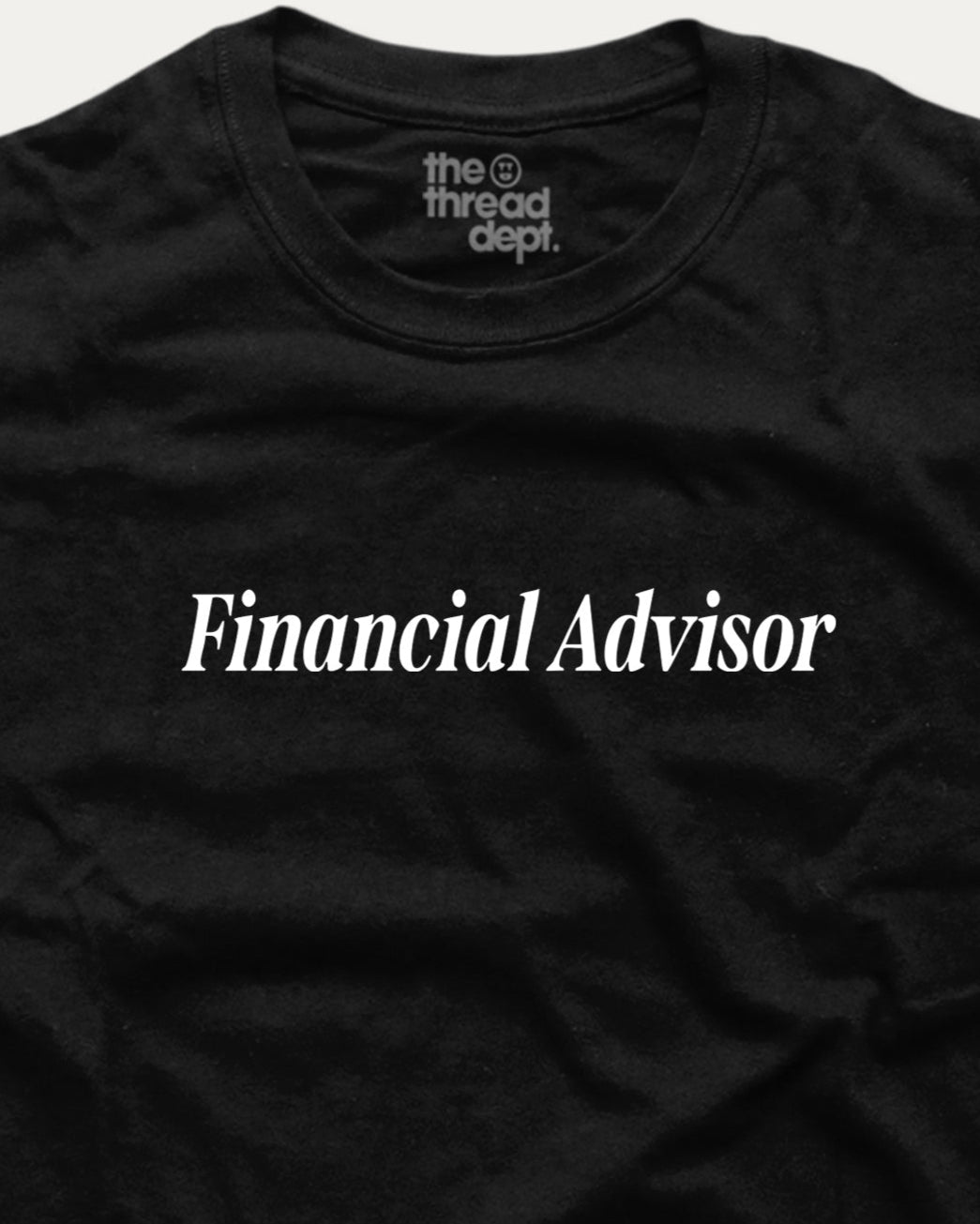 Black t-shirt with 'Financial Advisor' text on a white background