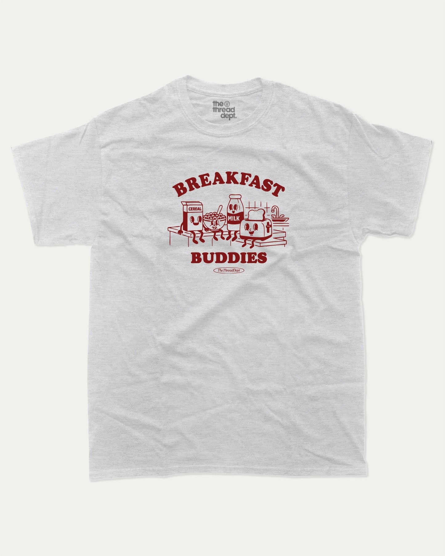 Breakfast Buddies graphic tee with bold and humorous print, funny breakfast club graphic. Perfect for adults and gift-giving. Ash Grey shirt.