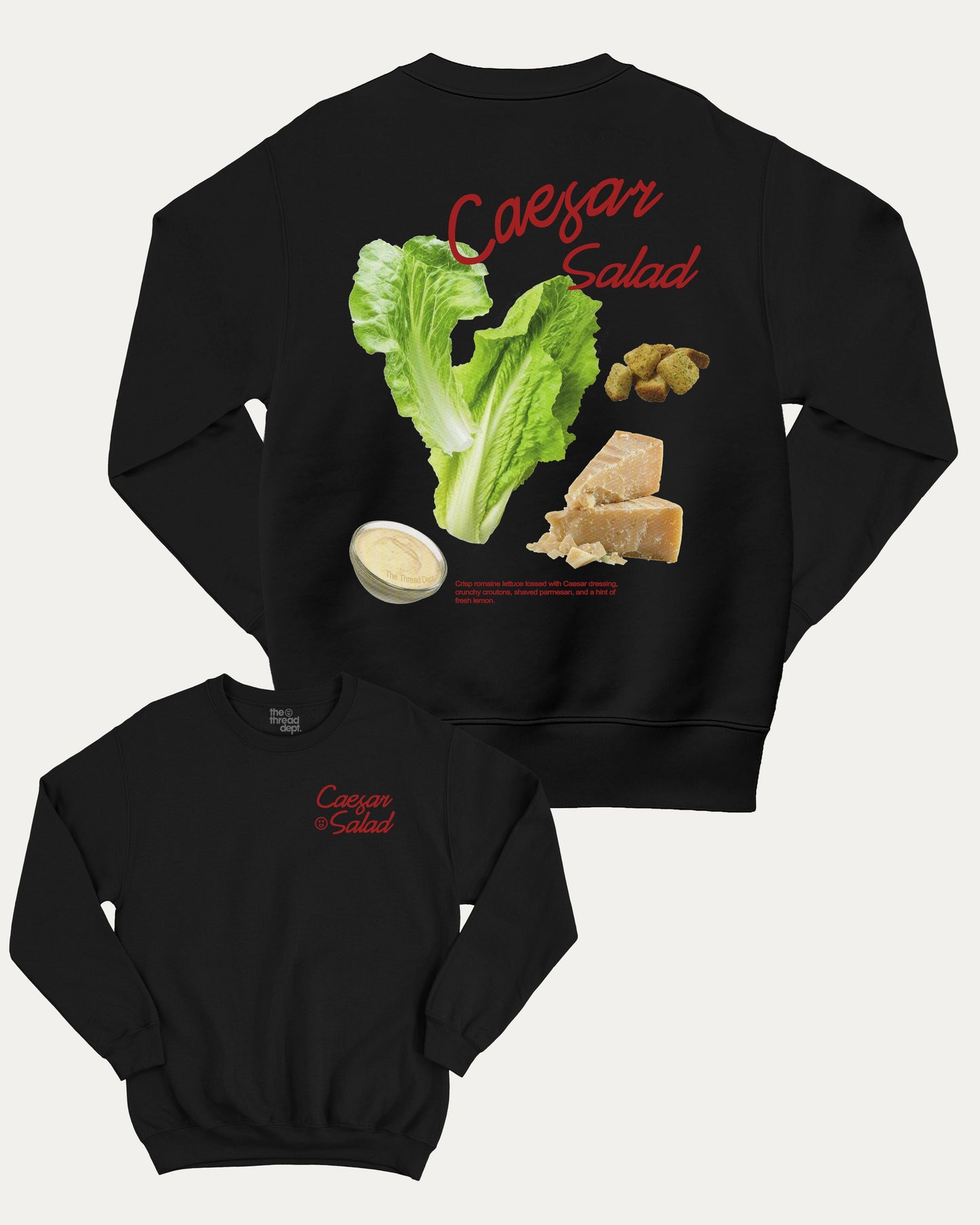 Caesar Salad pullover sweatshirt, perfect for adults. A must-have salad graphic pullover, comfy cold-weather wear, bold casual look. Black sweater