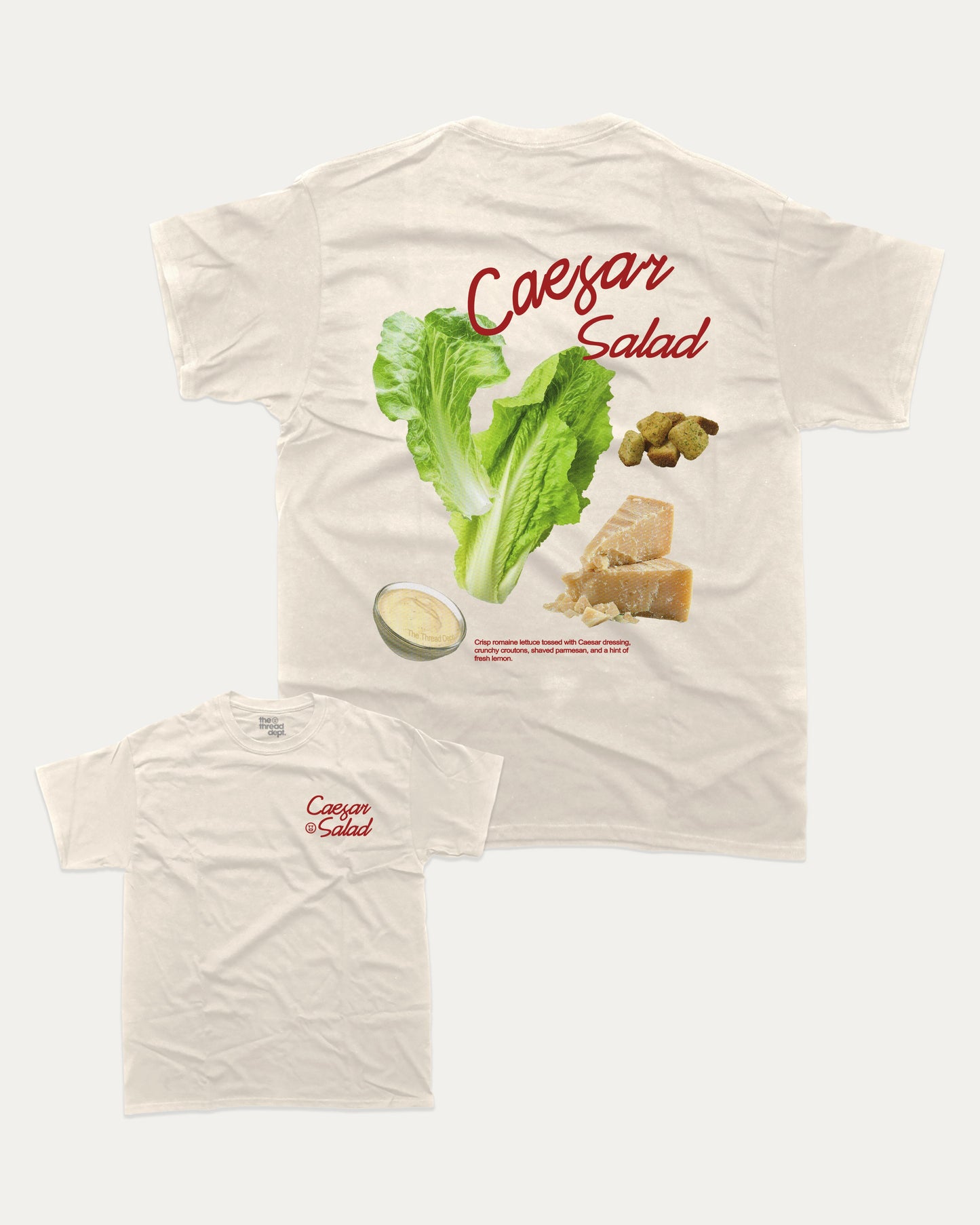 Caesar Salad graphic t-shirt, perfect for adults. A must-have funny tee, trending meme shirt, unique gift idea. Cream.