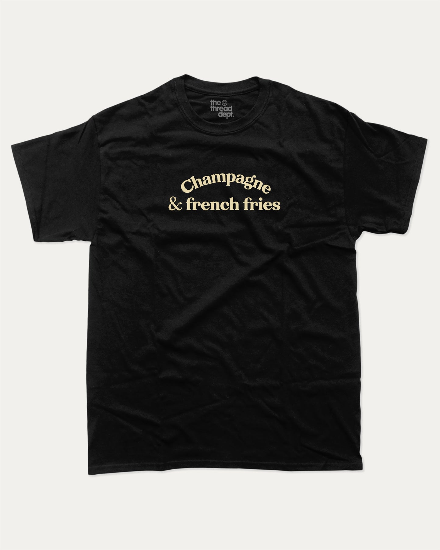 Champagne & French Fries graphic t-shirt, perfect funny gift for friends. A must-have funny food tee, french fries shirt, unique gift idea. Black.