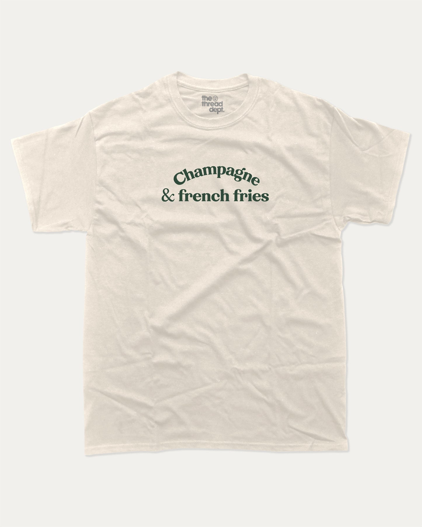 Champagne & French Fries graphic t-shirt, perfect funny gift for friends. A must-have funny food tee, french fries shirt, unique gift idea. Cream.