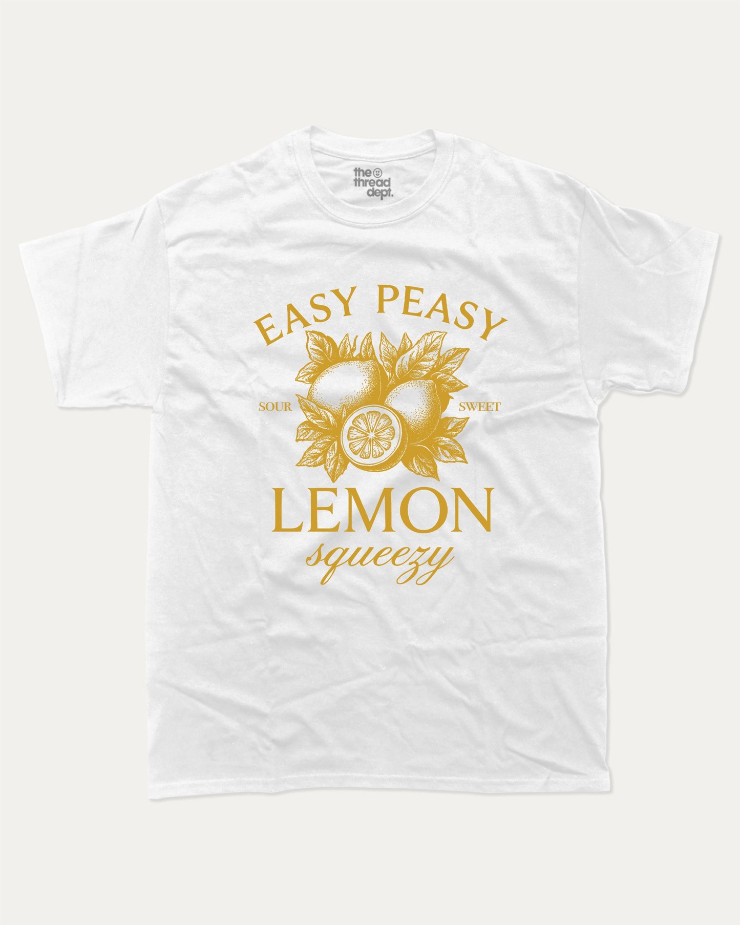 Easy Peasy Lemon Squeezy graphic t-shirt, perfect for adults. Vintage lemon graphic tee, trending meme shirt, unique gift idea. White.