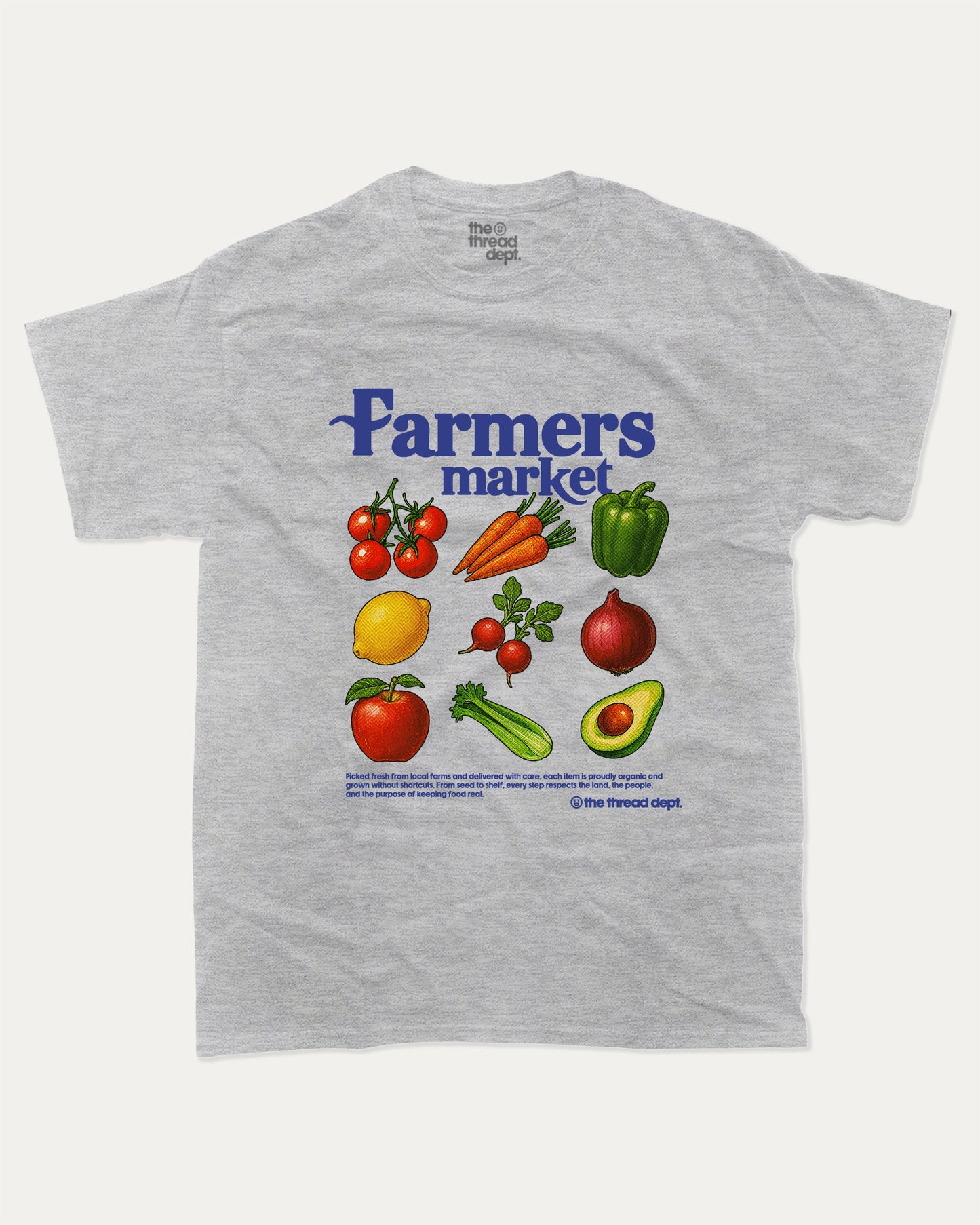 Farmers Market graphic t-shirt, perfect for special birthday. Funny farmers market gifts, trending meme shirt, unique gift idea. Heather Grey.