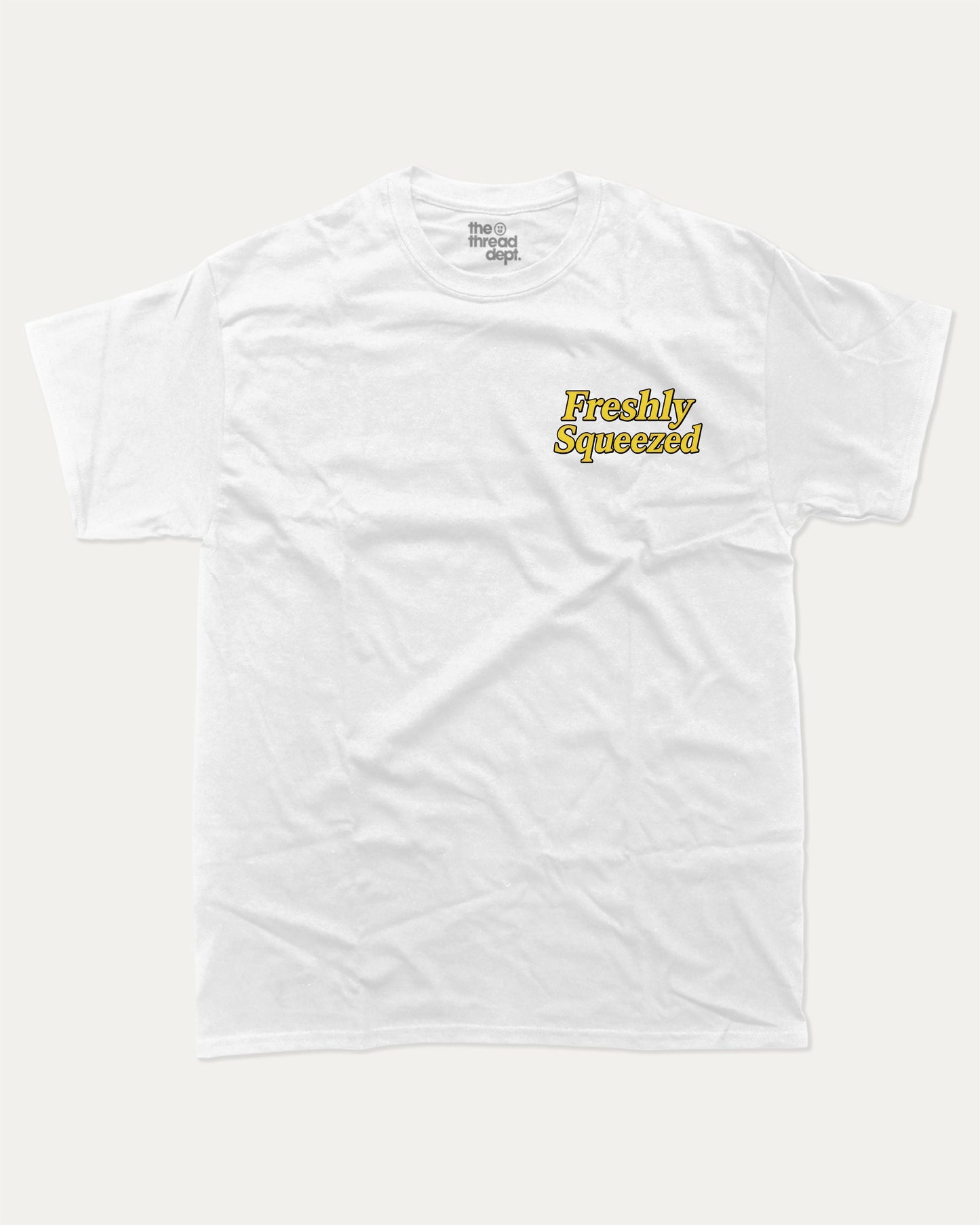 Freshly Squeezed Lemon graphic t-shirt, perfect for adults. Vintage lemon graphic tee, trending meme shirt, unique gift idea. White.