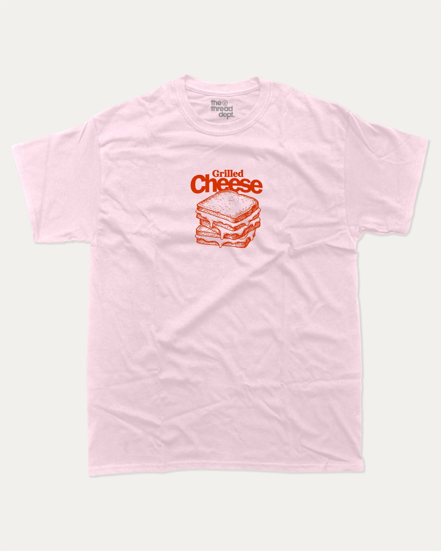 Grilled Cheese graphic tee with bold and humorous print, funny and trendy graphic. Food Lover Graphic T shirt, Craving Graphic T shirt, Snack Graphic T shirt, Perfect for adults and gift-giving. Pink shirt.