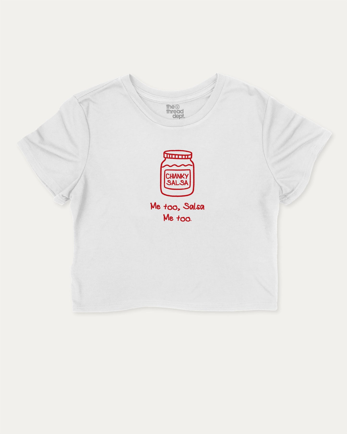 Me Too Salsa cute and trendy crop tee with nostalgic graphic, perfect for women. A must-have cropped aesthetic shirt, ideal for daily outfits and casual days. White crop tee