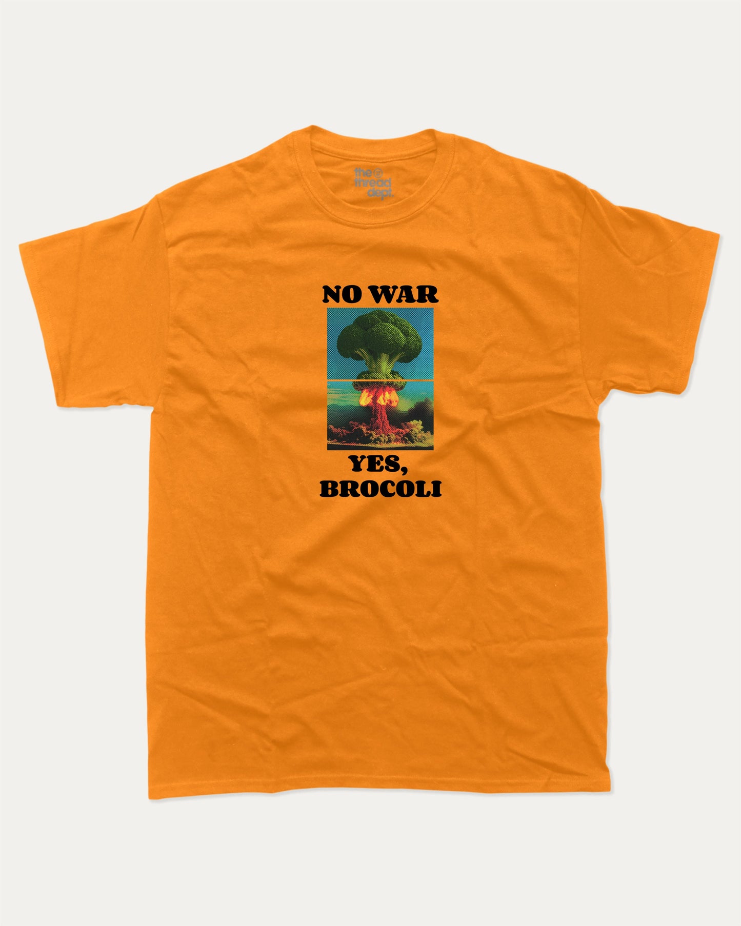 No War Yes Brocoli graphic t-shirt, Food Graphic T shirt, Funny Food T shirt, A must-have funny tee, trending meme shirt, unique gift idea. Orange.