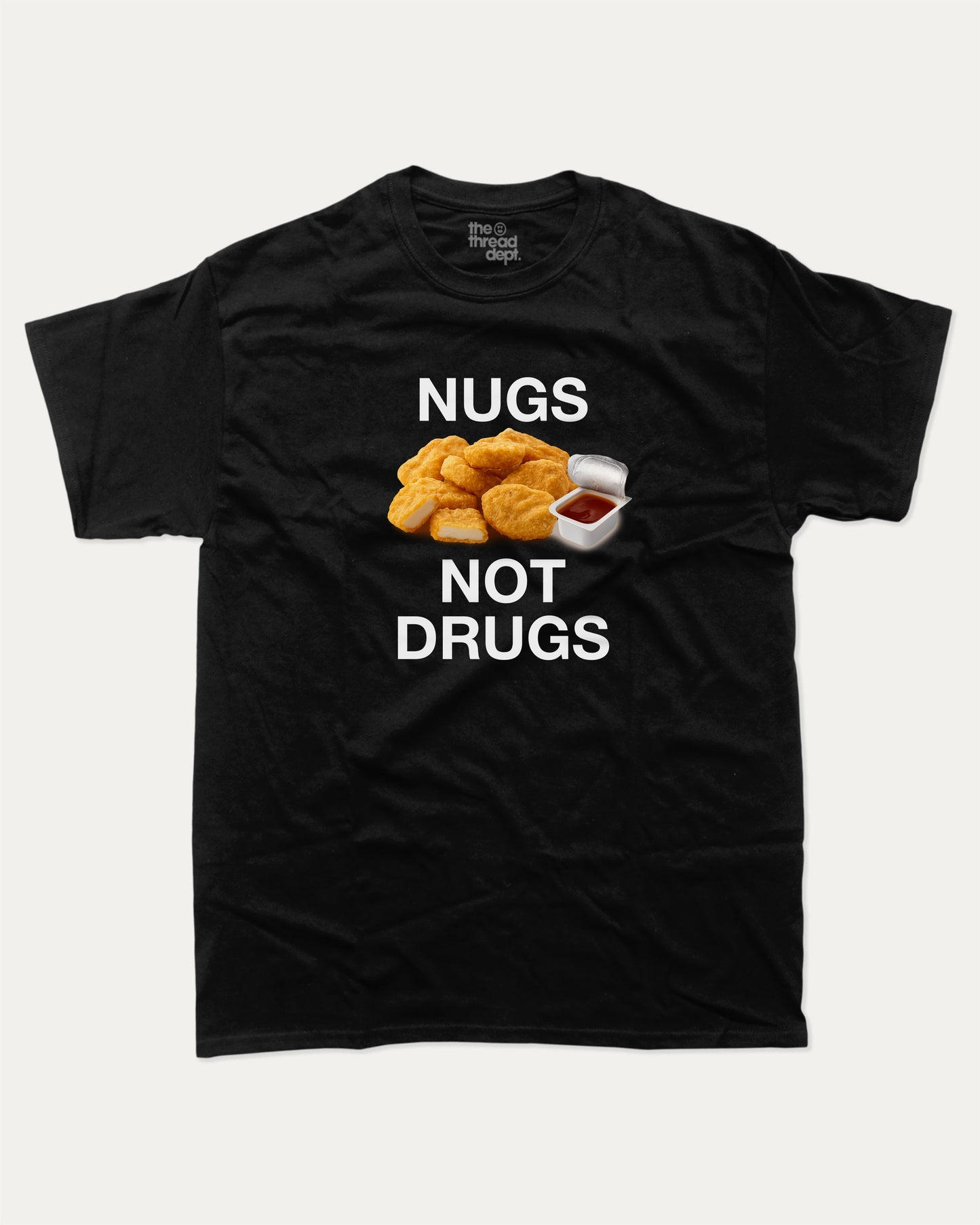 Nugs Not Drugs graphic t-shirt, Food T shirt, Food lover t shirt, Funny Food T shirt, . A must-have funny tee, trending meme shirt, unique gift idea. Black.