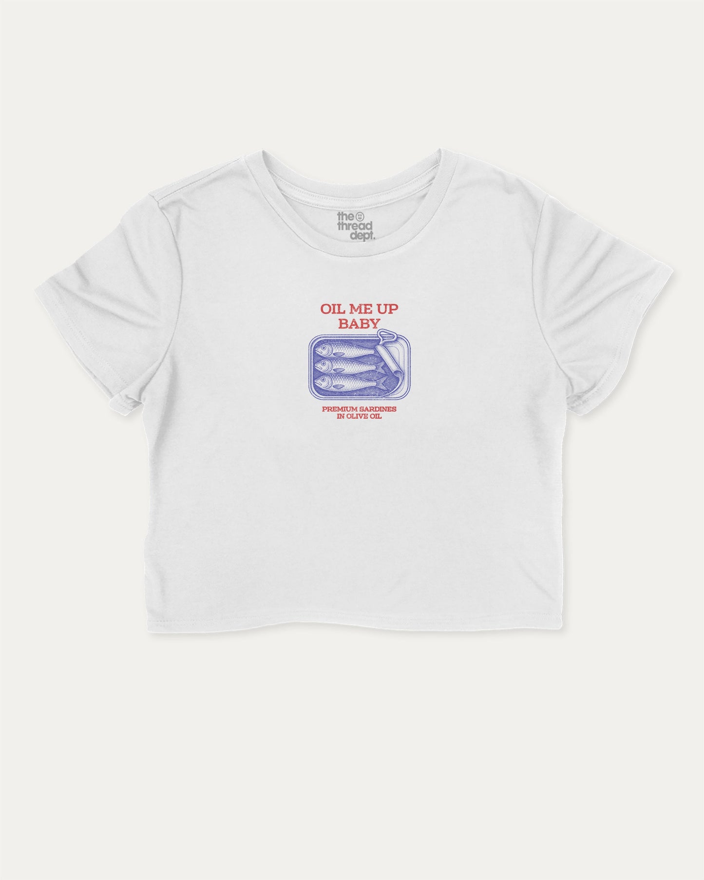 Oil Me Up Baby cute and trendy crop tee with nostalgic graphic, perfect for women. A must-have cropped aesthetic shirt, ideal for daily outfits and casual days. White crop tee