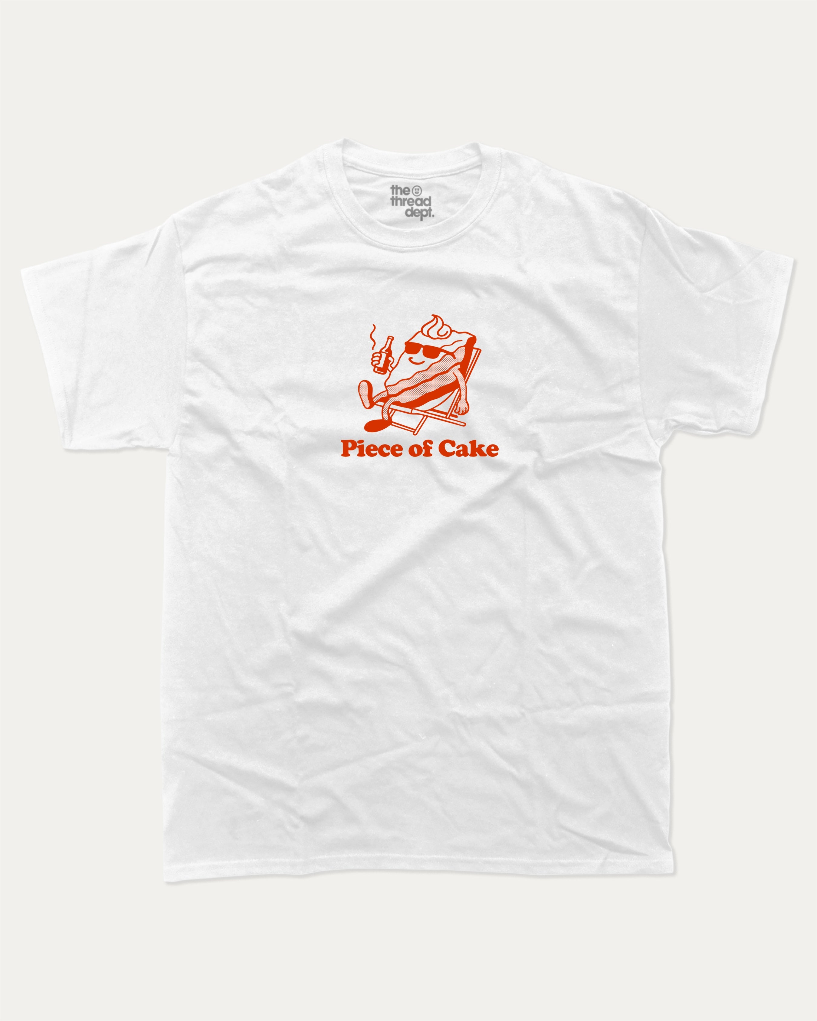 Piece Of Cake graphic tee with bold and humorous print, Funny Food Graphic T shirt, Food Graphic Shirt, funny and trendy graphic. Perfect for adults and gift-giving. White shirt.