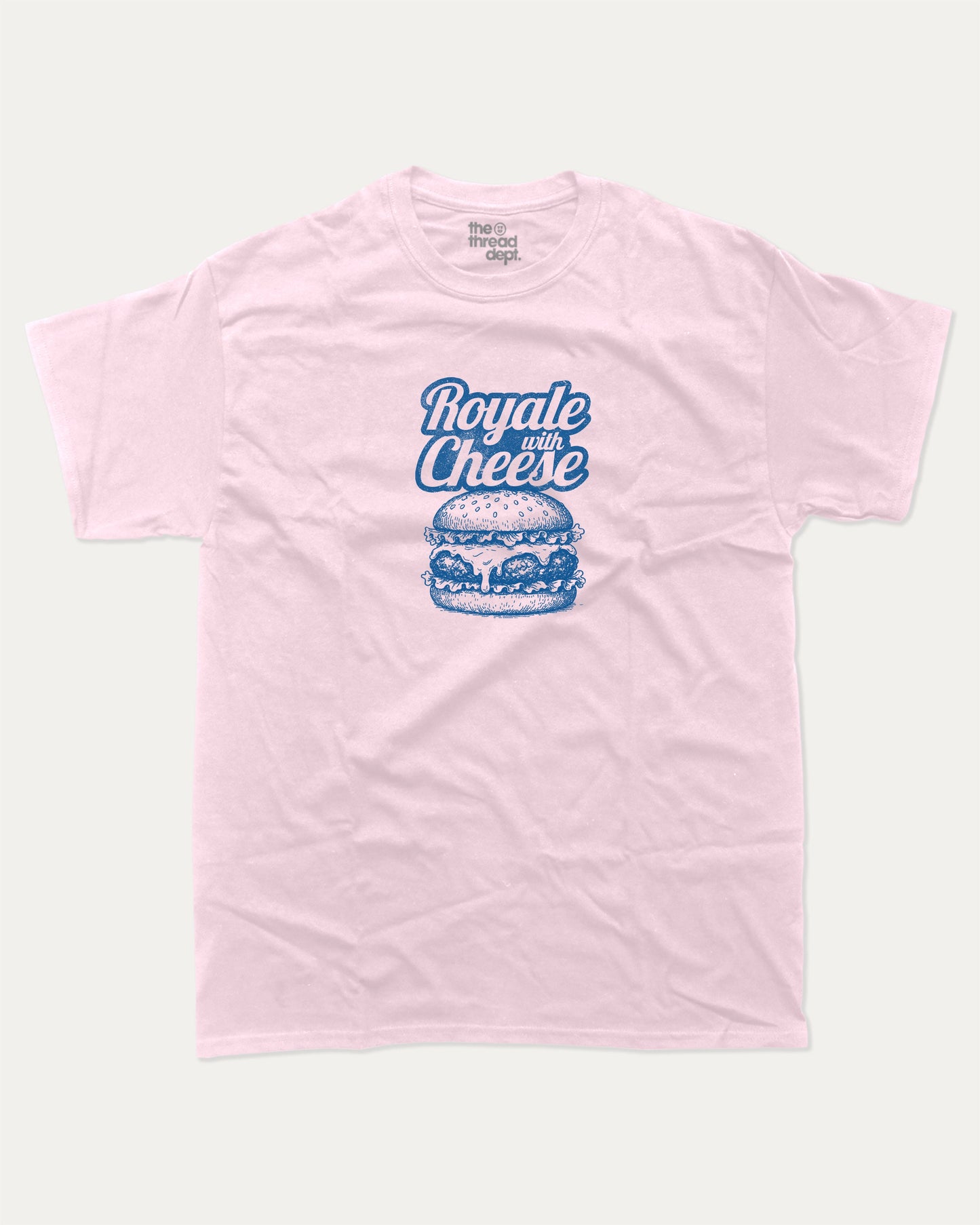 Royale with Cheese graphic tee with bold and humorous print, funny and trendy graphic. Perfect Gift for Food Lover, Cheese Burger Graphic T shirt, Craving Graphic T shirt, Snack Graphic T shirt, Perfect for adults and gift-giving. Pink shirt.