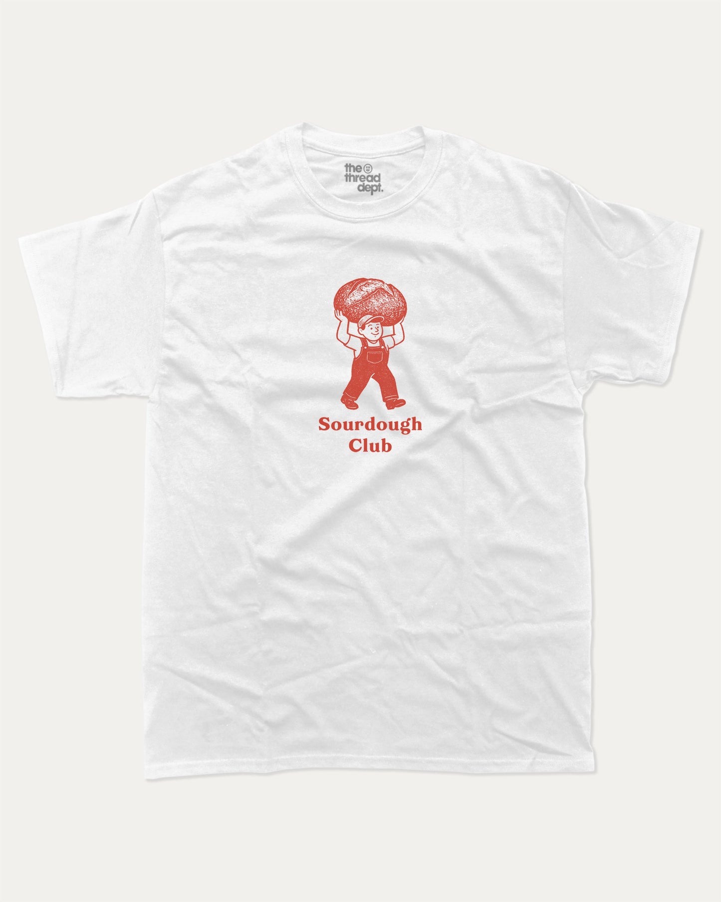 Sourdough Club graphic t-shirt, Sourdough bread character printed on a vintage food graphic T-shirt. A must-have funny tee, trending meme shirt, unique gift idea. White.