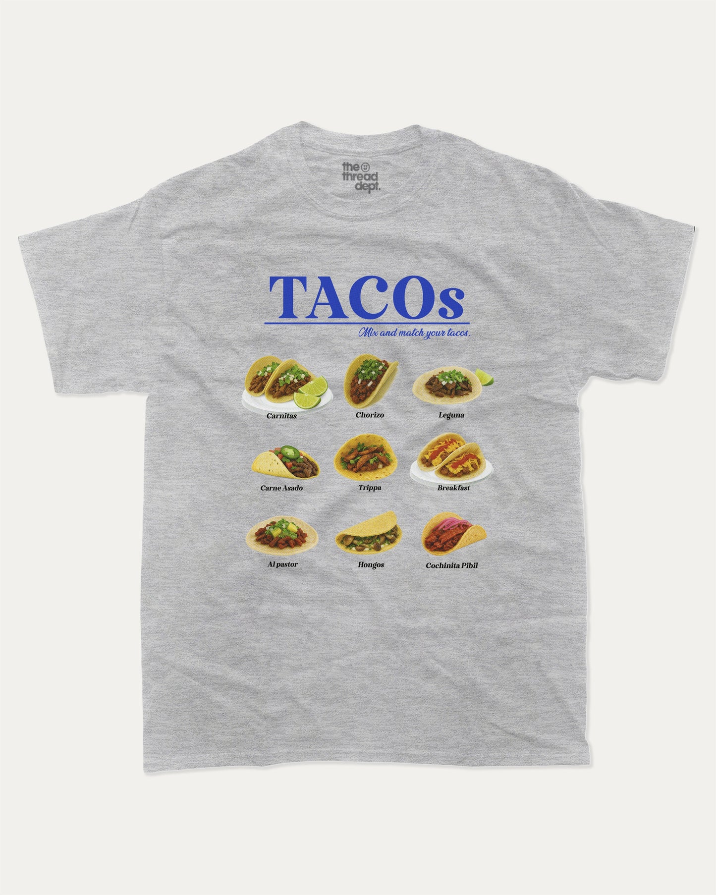 Tacos graphic t-shirt, Food T shirts, Food Apparel, Vintage Foodie Graphic Tees, A must-have funny tee, trending meme shirt, unique gift idea. Heather Grey.